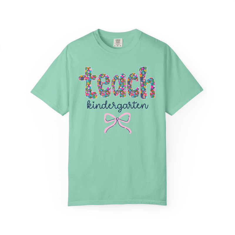 Kindergarten Teacher Tee Shirt with Colorful Flowers and Bow, Teacher Team Tee for Back to School, New Teacher Gift, Teacher Appreciation - Opal and June