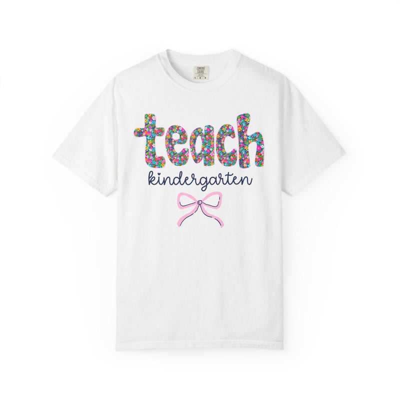 Kindergarten Teacher Tee Shirt with Colorful Flowers and Bow, Teacher Team Tee for Back to School, New Teacher Gift, Teacher Appreciation - Opal and June