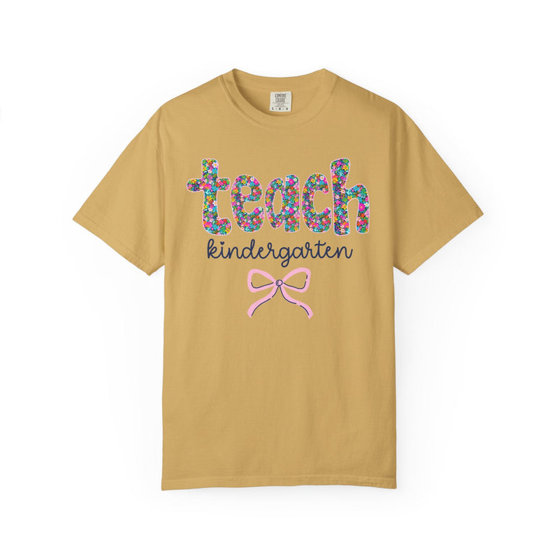 Kindergarten Teacher Tee Shirt with Colorful Flowers and Bow, Teacher Team Tee for Back to School, New Teacher Gift, Teacher Appreciation - Opal and June