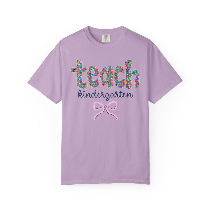 Kindergarten Teacher Tee Shirt with Colorful Flowers and Bow, Teacher Team Tee for Back to School, New Teacher Gift, Teacher Appreciation - Opal and June