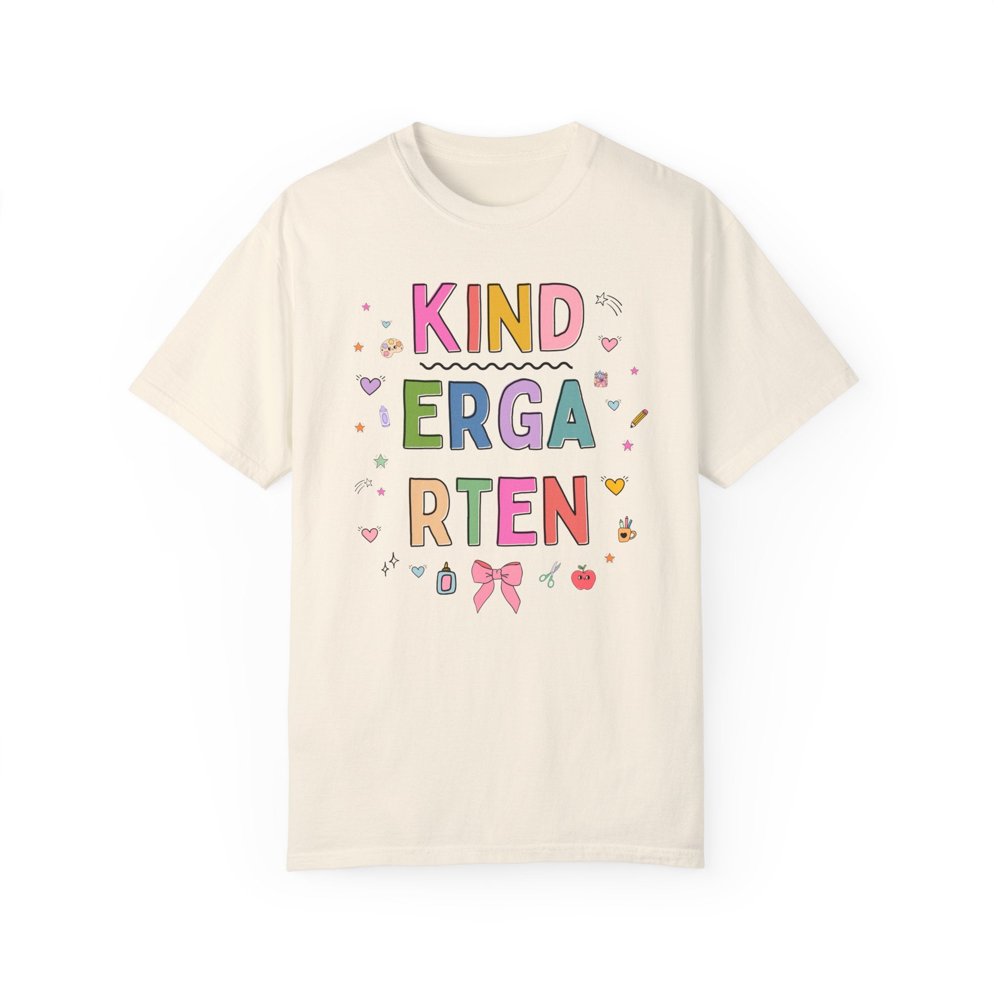 Kindergarten Teacher Tee Shirt with Cute 90s Aesthetic Doodles, Colorful Matching Teacher T-Shirt for Kindergarten Crew, New Teacher Present - Opal and June