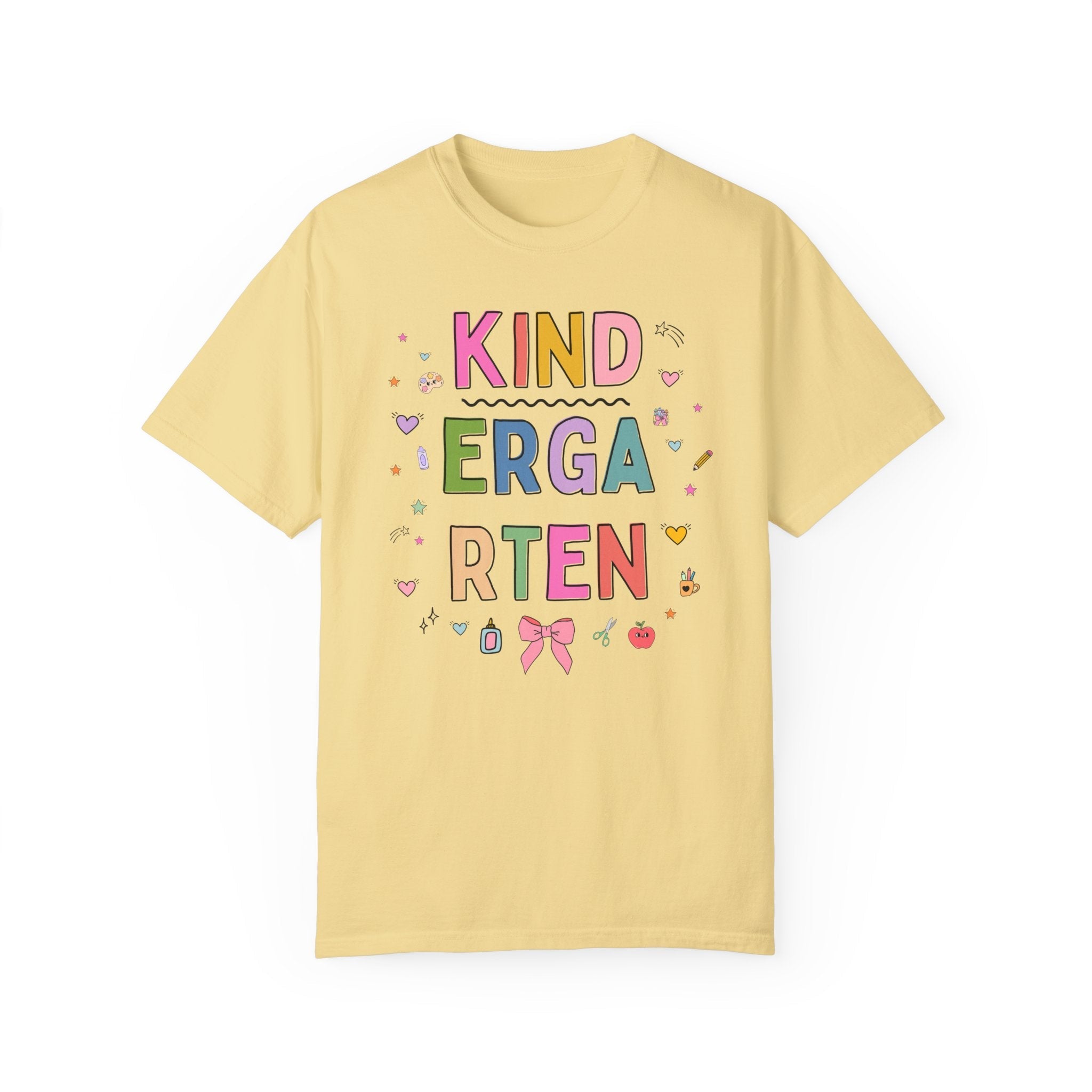 Kindergarten Teacher Tee Shirt with Cute 90s Aesthetic Doodles, Colorful Matching Teacher T-Shirt for Kindergarten Crew, New Teacher Present - Opal and June