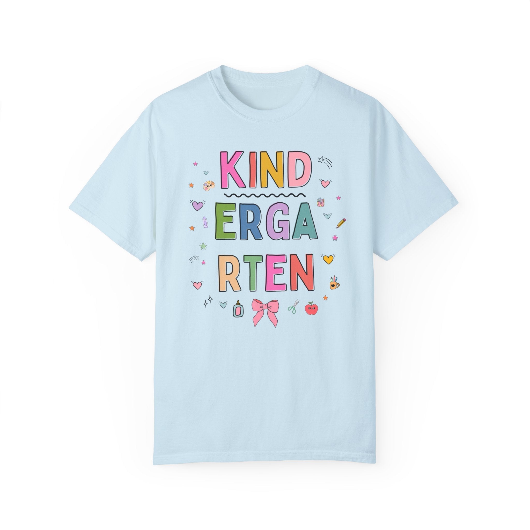 Kindergarten Teacher Tee Shirt with Cute 90s Aesthetic Doodles, Colorful Matching Teacher T-Shirt for Kindergarten Crew, New Teacher Present - Opal and June