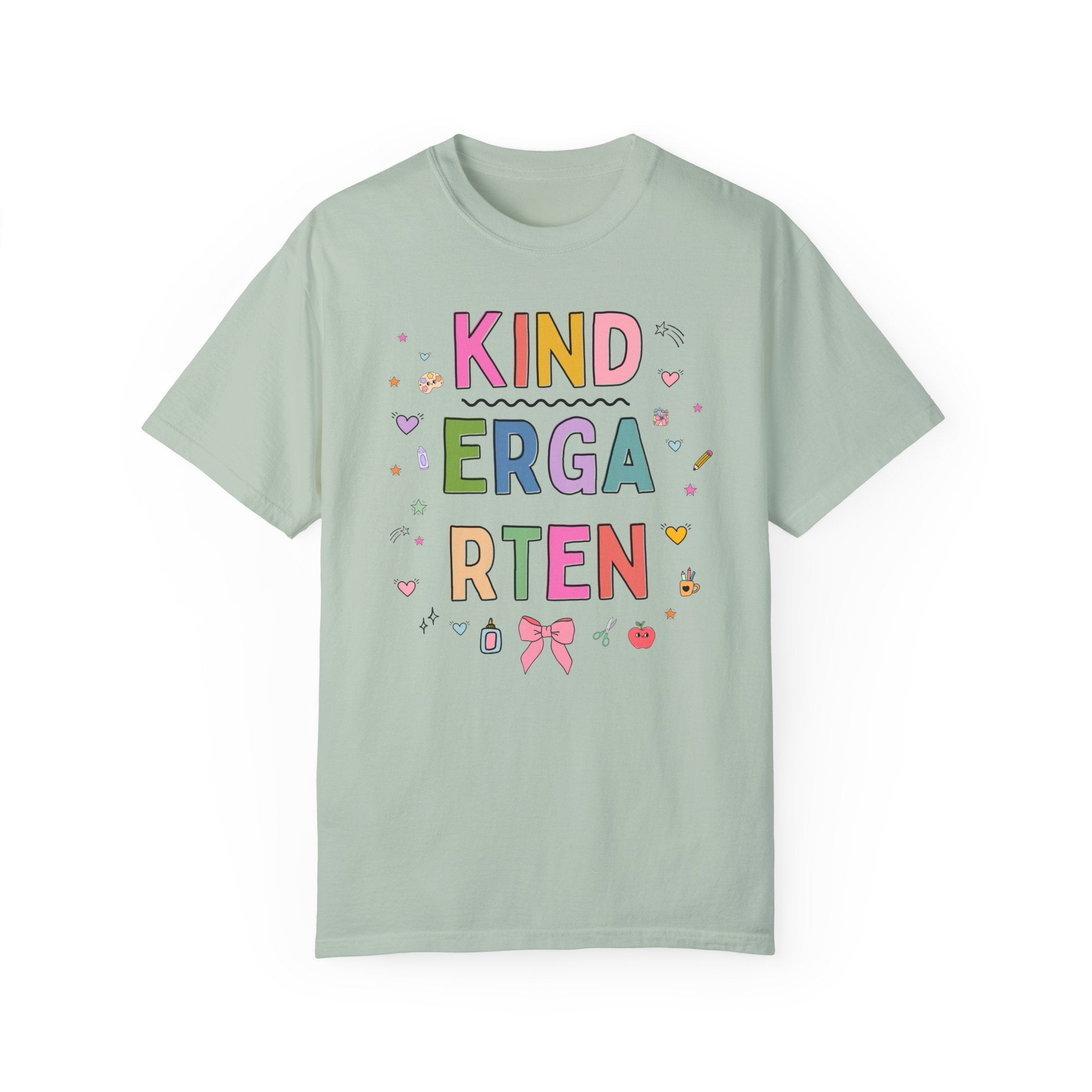 Kindergarten Teacher Tee Shirt with Cute 90s Aesthetic Doodles, Colorful Matching Teacher T-Shirt for Kindergarten Crew, New Teacher Present - Opal and June