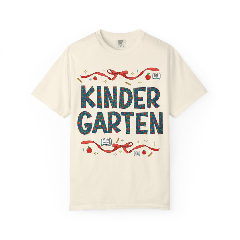 Kindergarten Teacher Tee Shirt with Cute Bows and Retro Apples, Teacher Team T-Shirt for Back to School, First Day of School Matching Tee - Opal and June