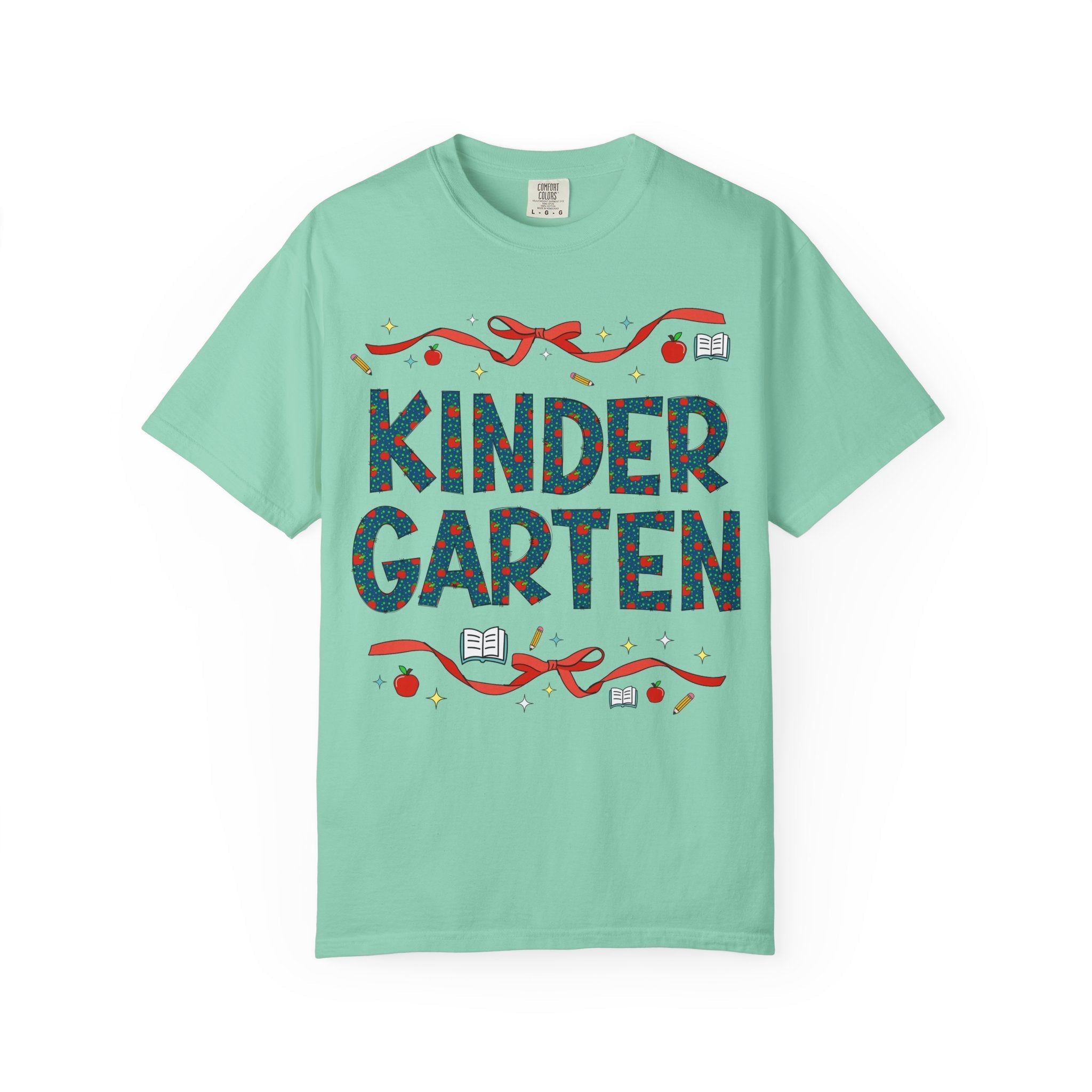 Kindergarten Teacher Tee Shirt with Cute Bows and Retro Apples, Teacher Team T-Shirt for Back to School, First Day of School Matching Tee - Opal and June