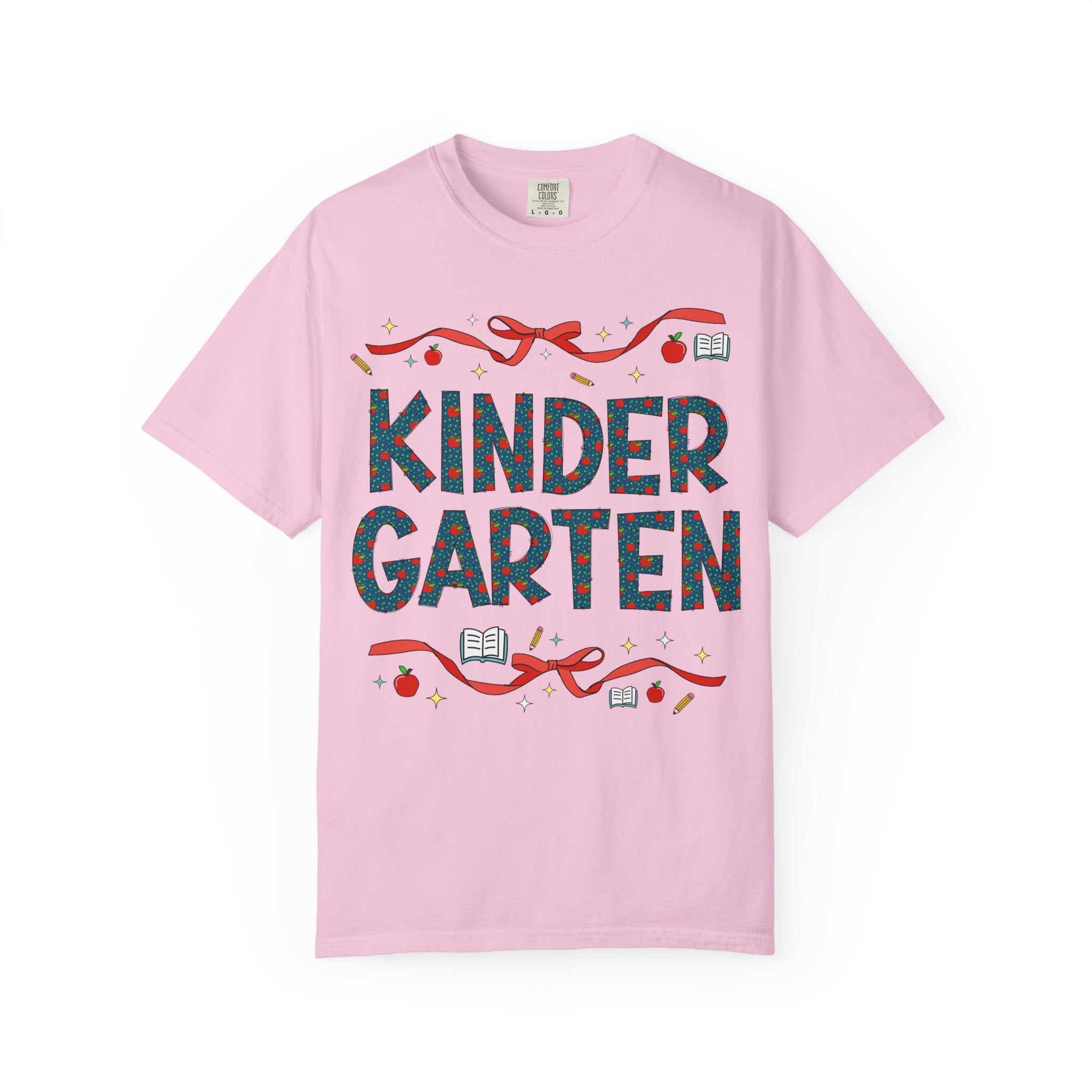 Kindergarten Teacher Tee Shirt with Cute Bows and Retro Apples, Teacher Team T-Shirt for Back to School, First Day of School Matching Tee - Opal and June