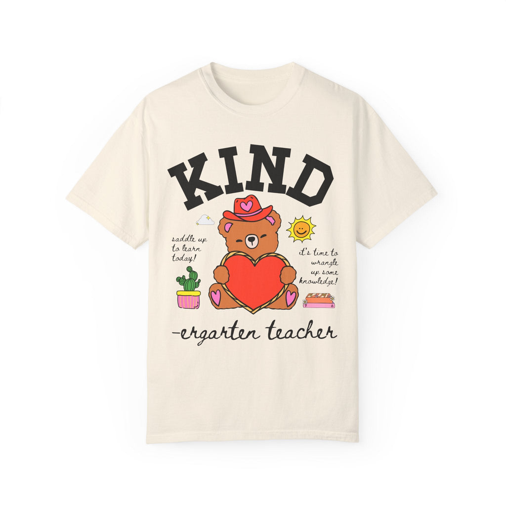 Kindergarten Teacher Tee Shirt with Cute Cottagecore Western Bear, Funny Saying Elementary School Kindergarten Crew Tee for Valentine's Day - Opal and June