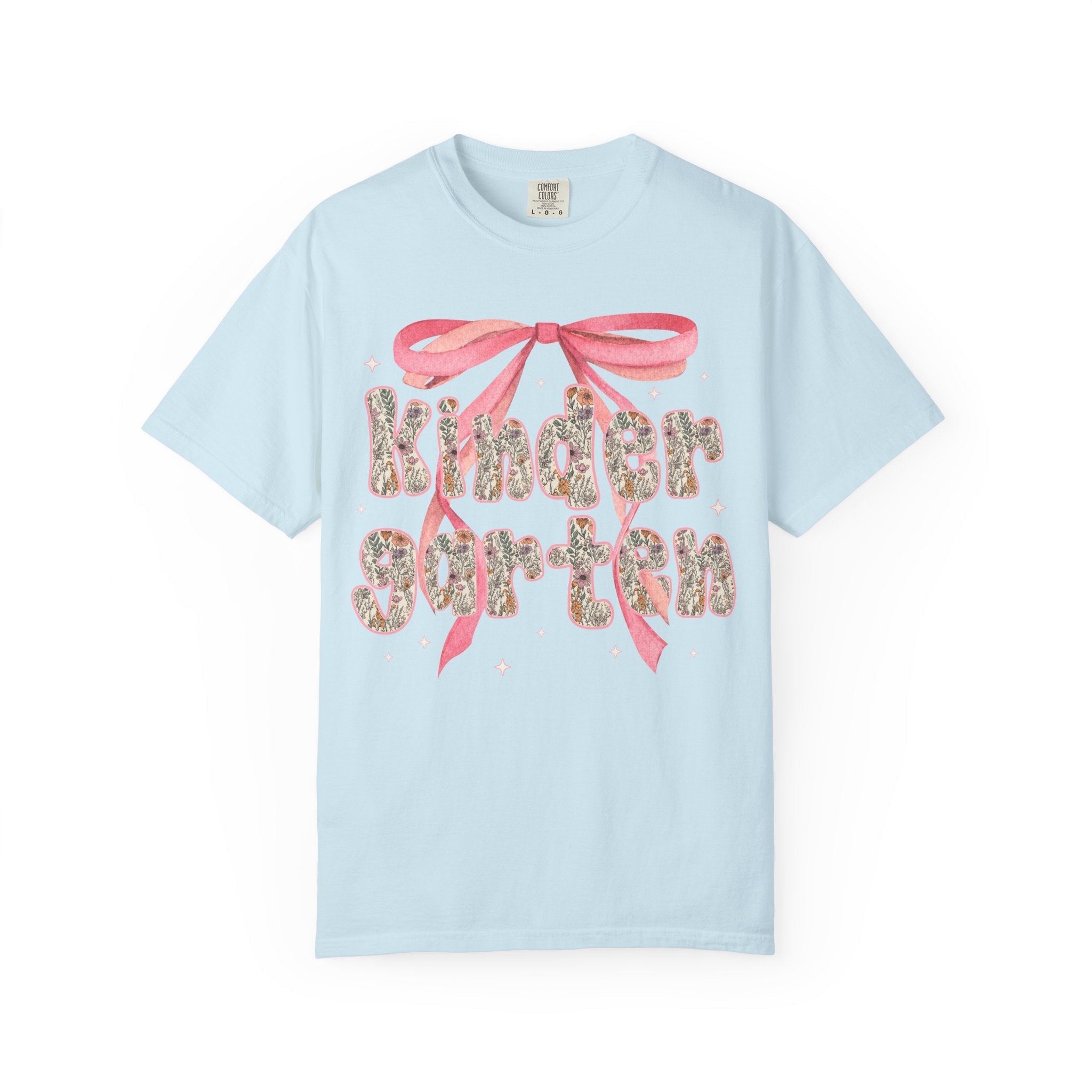 Kindergarten Teacher Tee Shirt with Cute Pink Bow, Teacher Team T-Shirt for Back to School, Fairycore Floral Matching First Day of School - Opal and June
