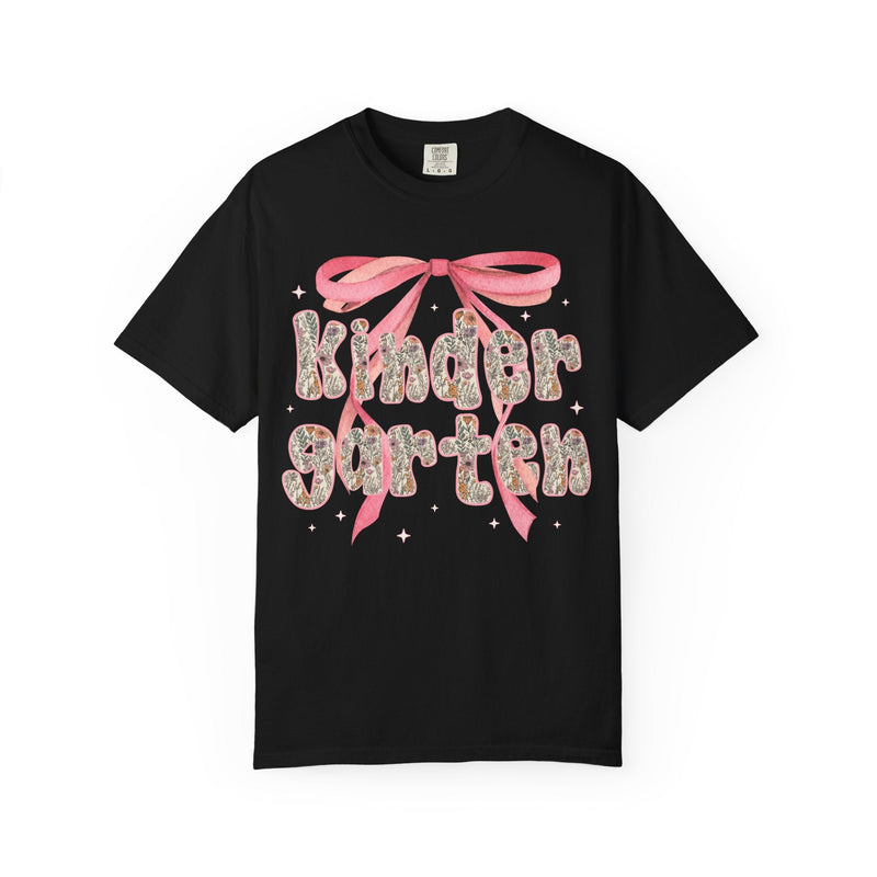 Kindergarten Teacher Tee Shirt with Cute Pink Bow, Teacher Team T-Shirt for Back to School, Fairycore Floral Matching First Day of School - Opal and June