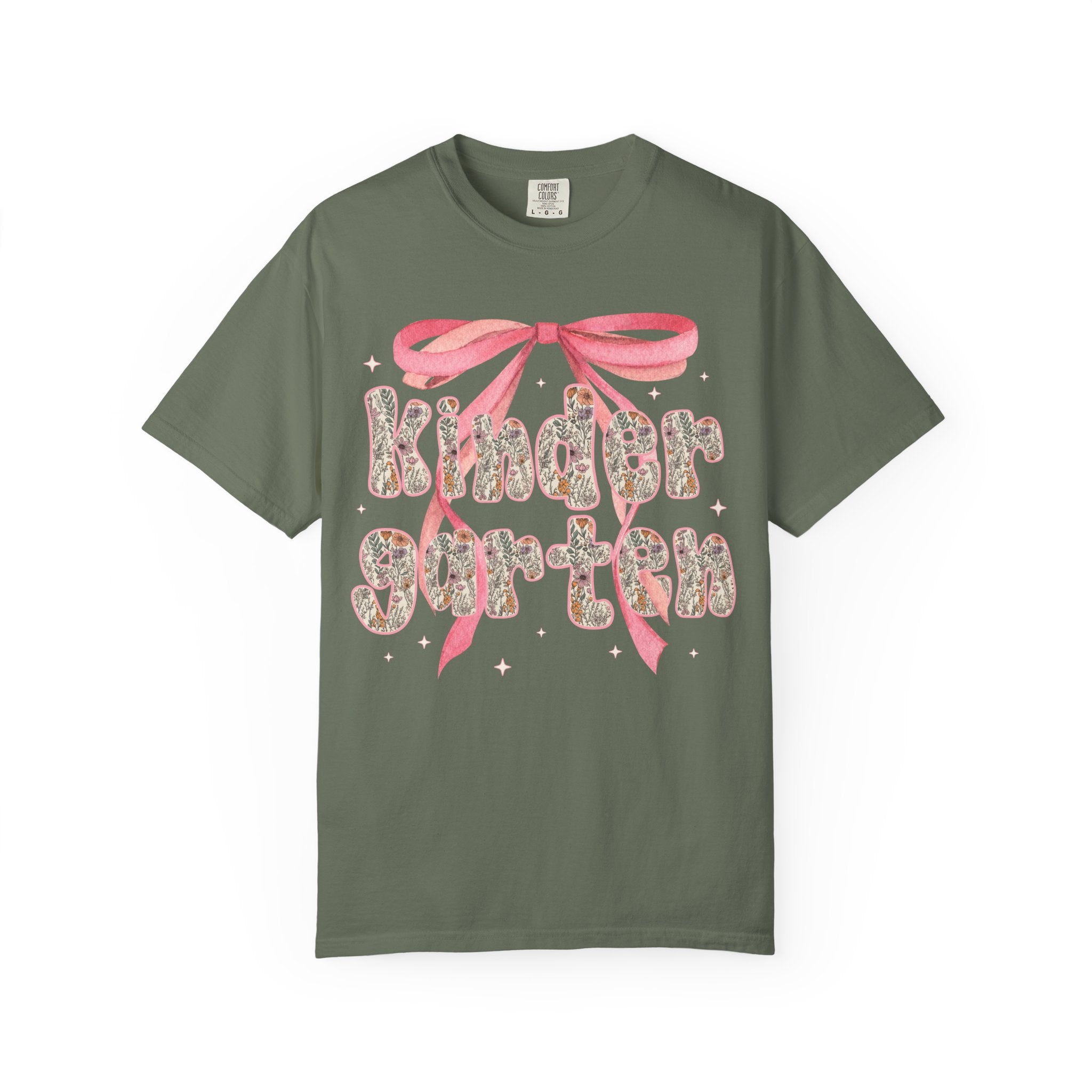 Kindergarten Teacher Tee Shirt with Cute Pink Bow, Teacher Team T-Shirt for Back to School, Fairycore Floral Matching First Day of School - Opal and June