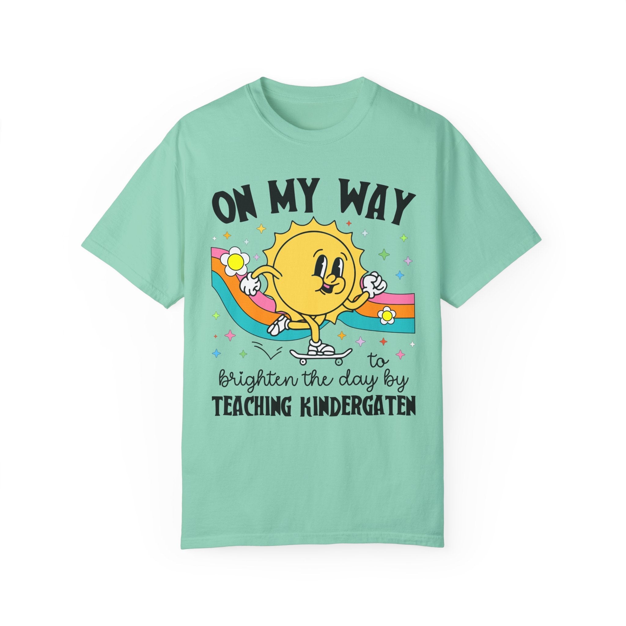Kindergarten Teacher Tee Shirt with Sun on a Skateboard, Funny Kindergarten Crew Tee, New Teaching Job Present, Elementary Education Major - Opal and June
