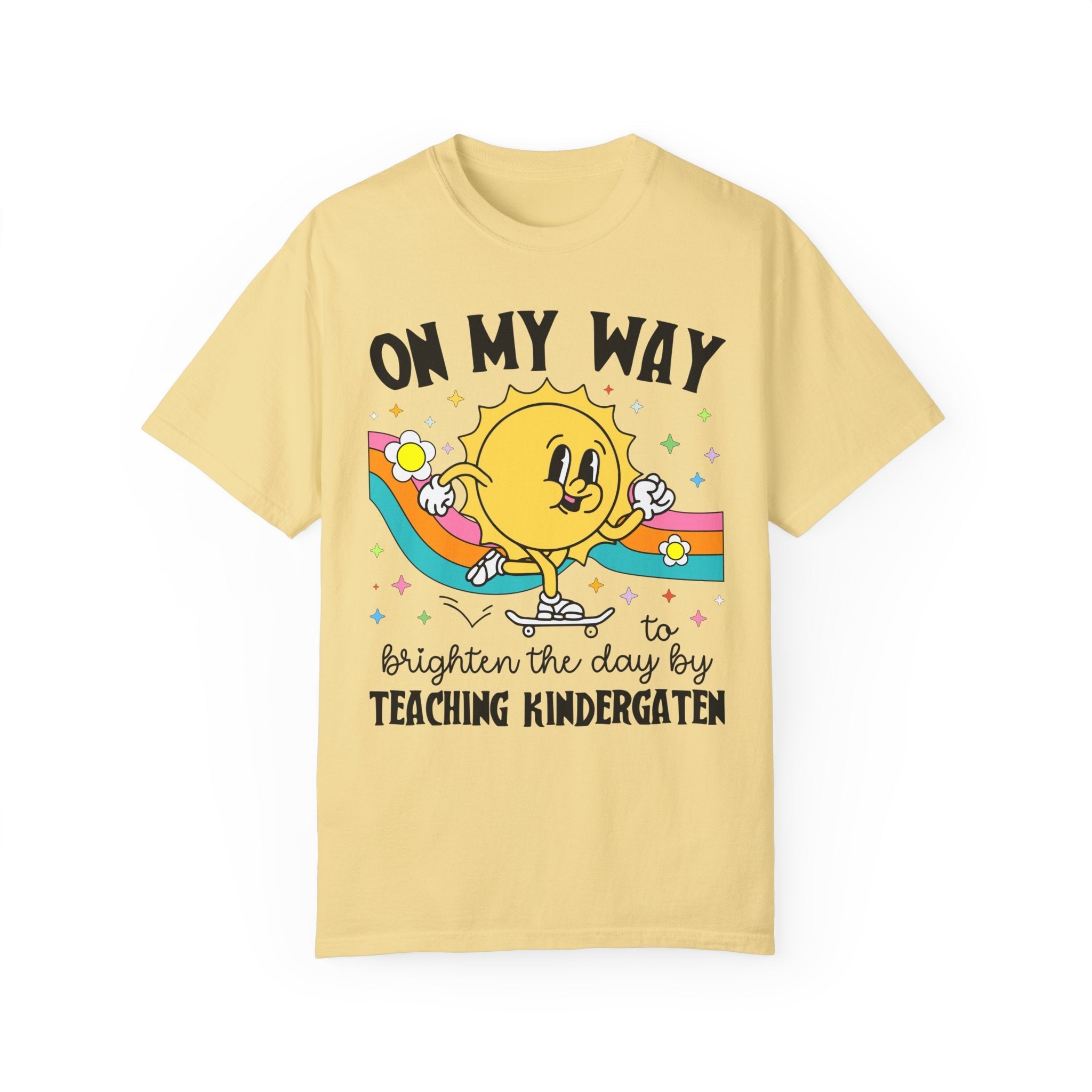 Kindergarten Teacher Tee Shirt with Sun on a Skateboard, Funny Kindergarten Crew Tee, New Teaching Job Present, Elementary Education Major - Opal and June