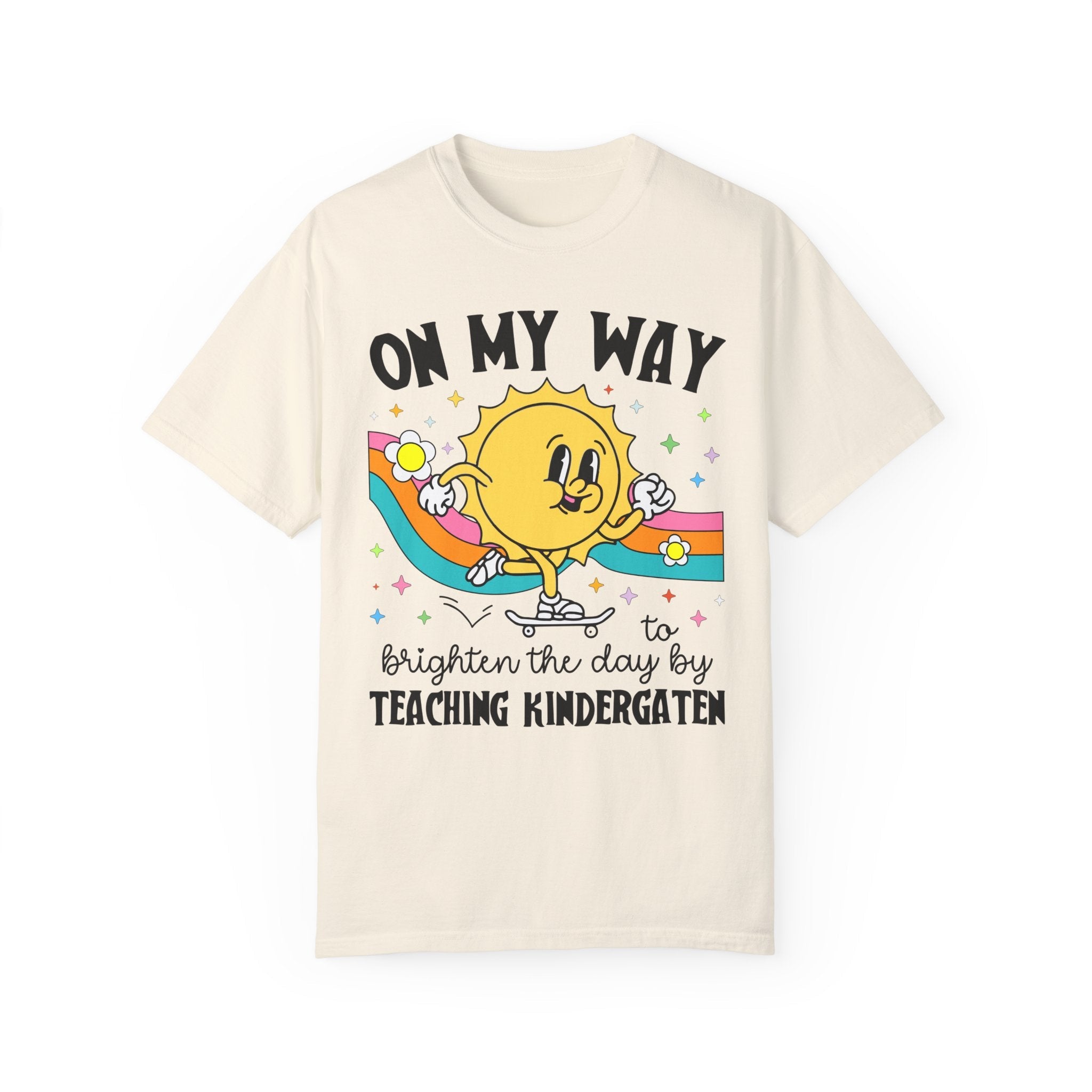 Kindergarten Teacher Tee Shirt with Sun on a Skateboard, Funny Kindergarten Crew Tee, New Teaching Job Present, Elementary Education Major - Opal and June