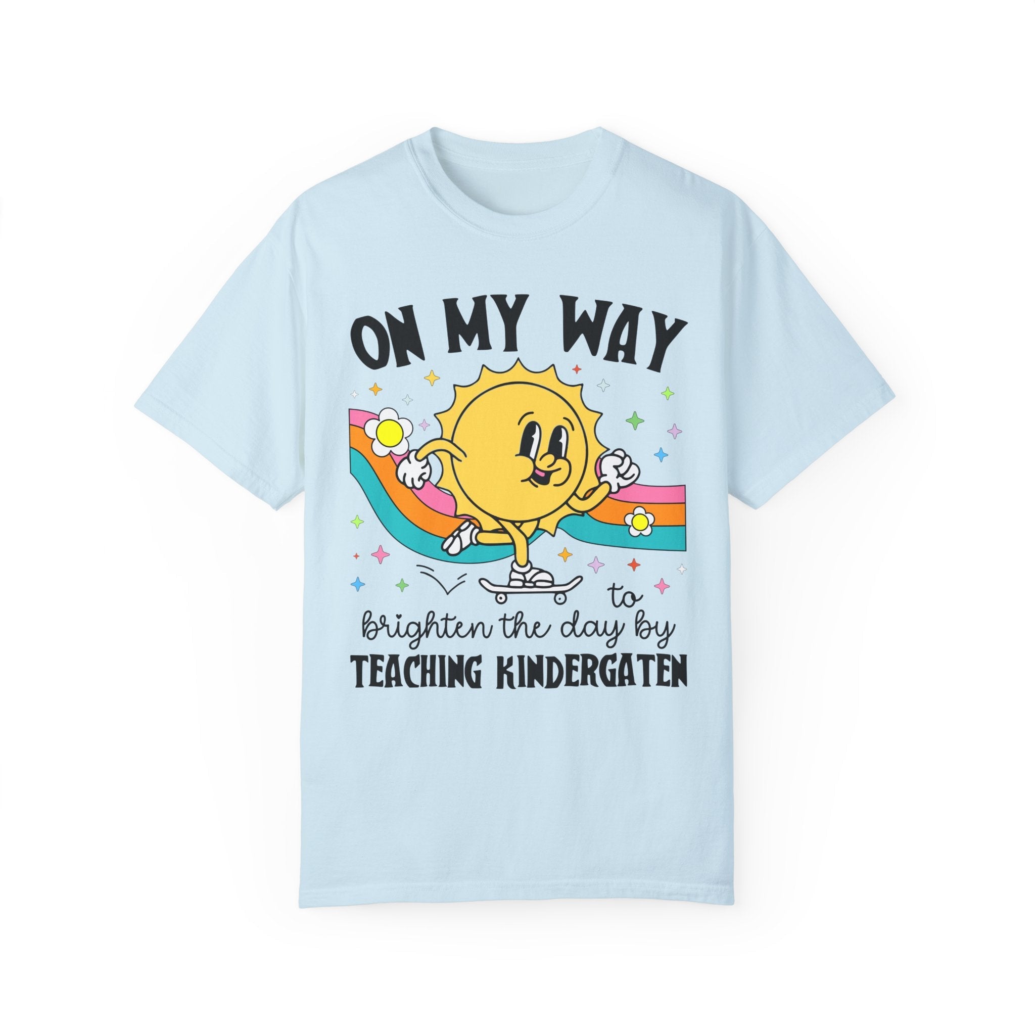 Kindergarten Teacher Tee Shirt with Sun on a Skateboard, Funny Kindergarten Crew Tee, New Teaching Job Present, Elementary Education Major - Opal and June