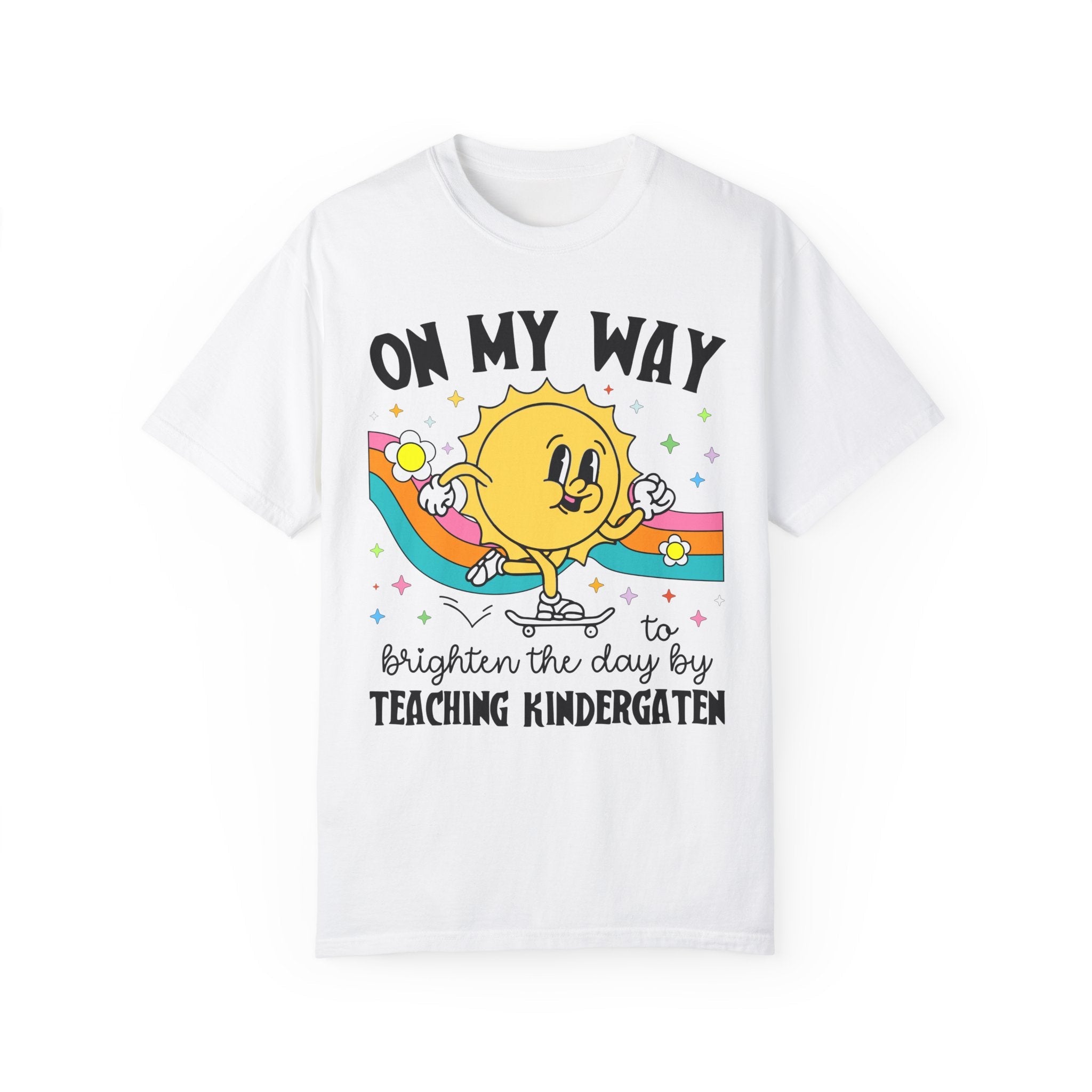 Kindergarten Teacher Tee Shirt with Sun on a Skateboard, Funny Kindergarten Crew Tee, New Teaching Job Present, Elementary Education Major - Opal and June