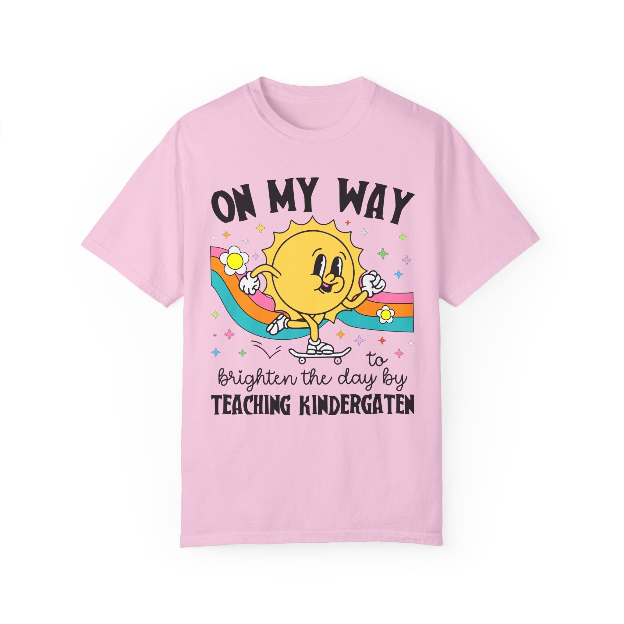 Kindergarten Teacher Tee Shirt with Sun on a Skateboard, Funny Kindergarten Crew Tee, New Teaching Job Present, Elementary Education Major - Opal and June