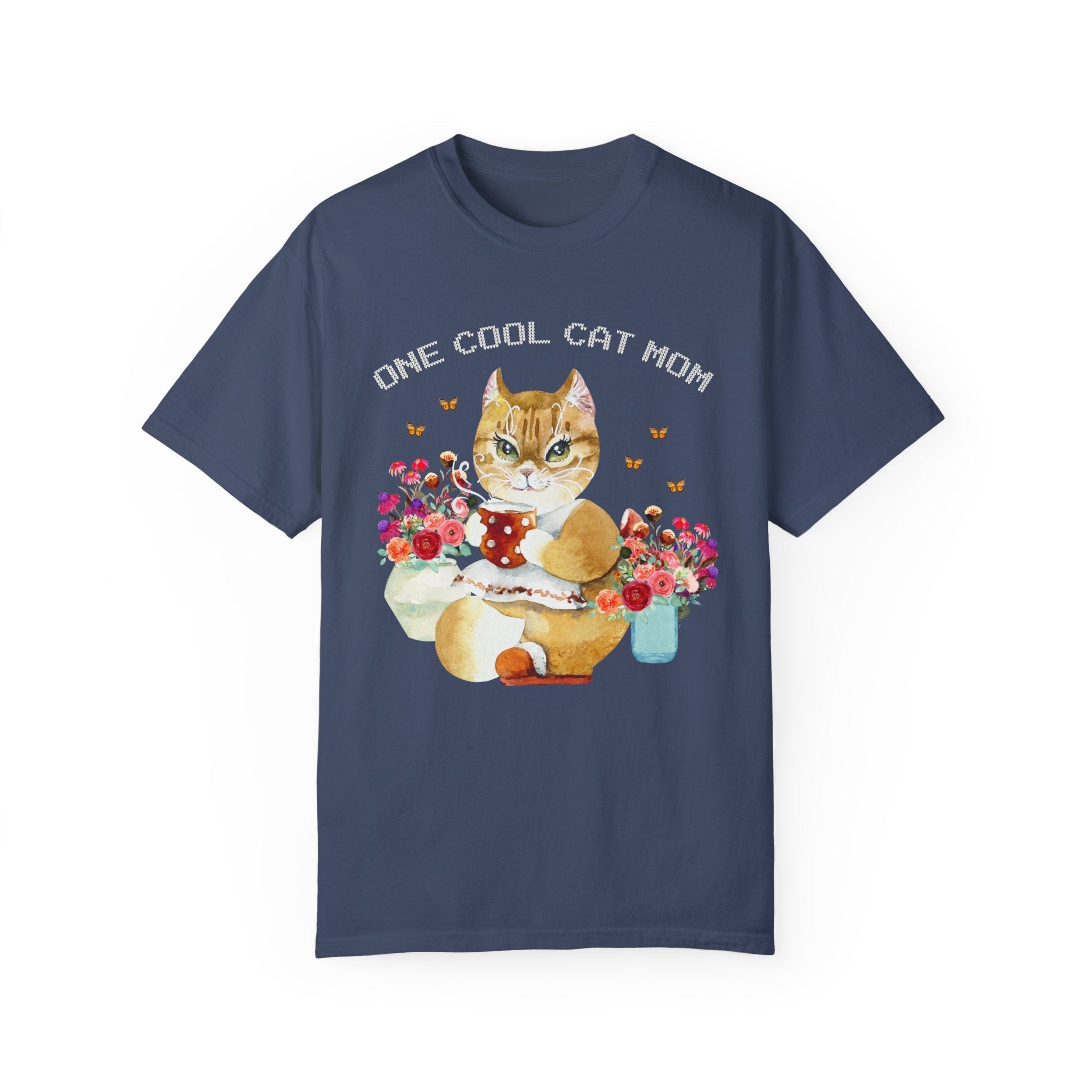 Kitschy and Funny Cat Tee Shirt for Cat Mom: One Cool Cat Mom | Floral Cottagecore Style Tee Shirt of Cat Drinking Tea with Butterflies - Opal and June