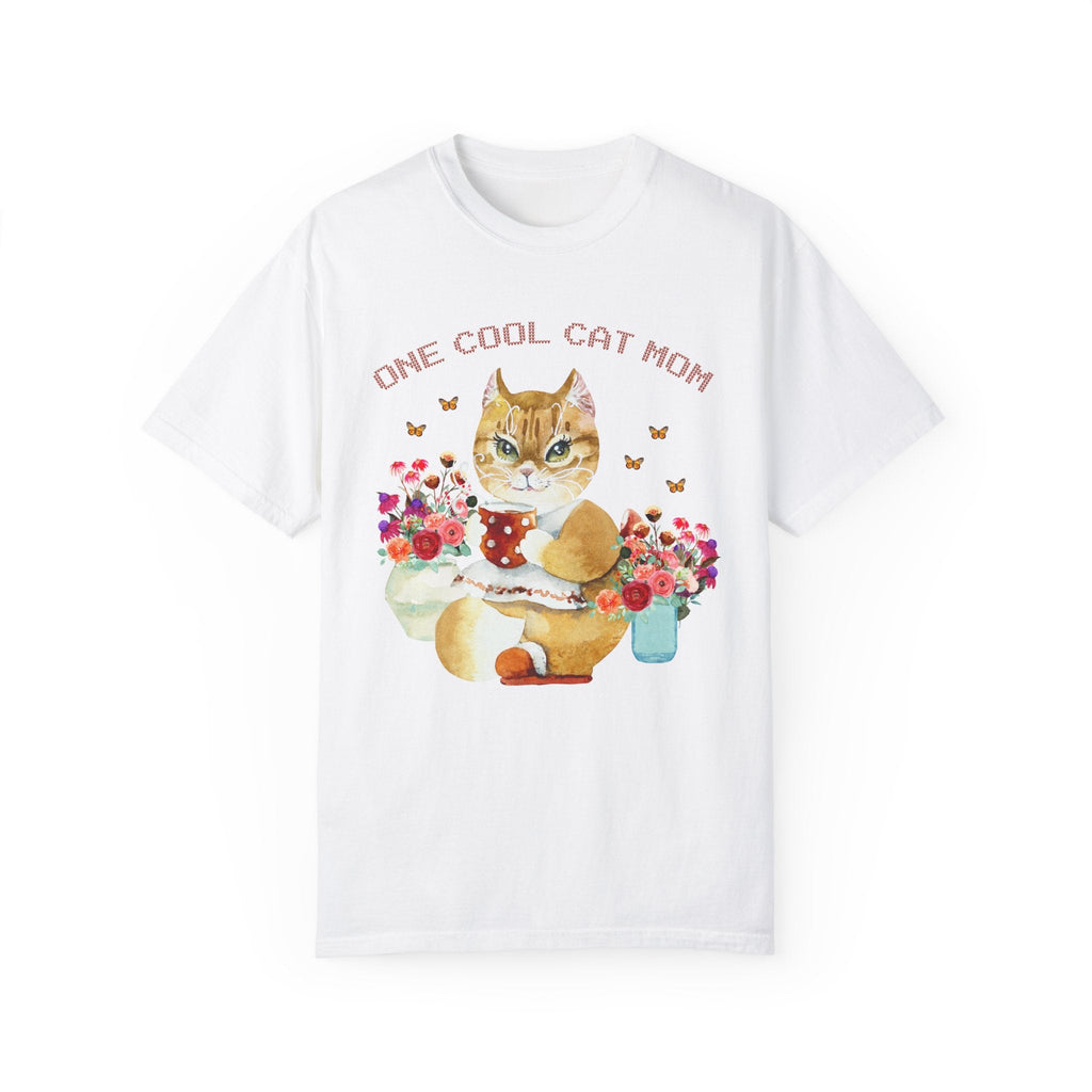 Kitschy and Funny Cat Tee Shirt for Cat Mom: One Cool Cat Mom | Floral Cottagecore Style Tee Shirt of Cat Drinking Tea with Butterflies - Opal and June