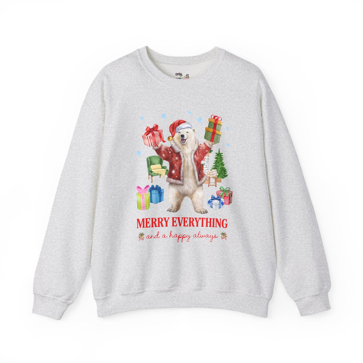 Kitschy Animal Lover Christmas Sweatshirt with Polar Bear Holding Presents: Merry Everything and a Happy Always, Silly Maximalist Xmas Crewneck - Opal and June