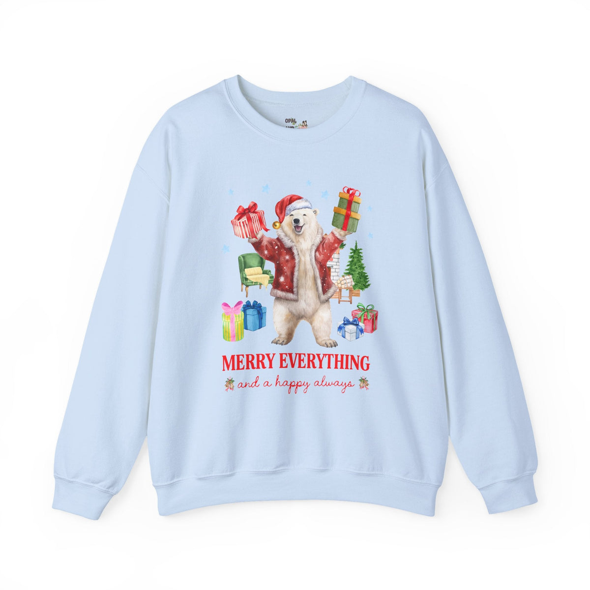 Kitschy Animal Lover Christmas Sweatshirt with Polar Bear Holding Presents: Merry Everything and a Happy Always, Silly Maximalist Xmas Crewneck - Opal and June