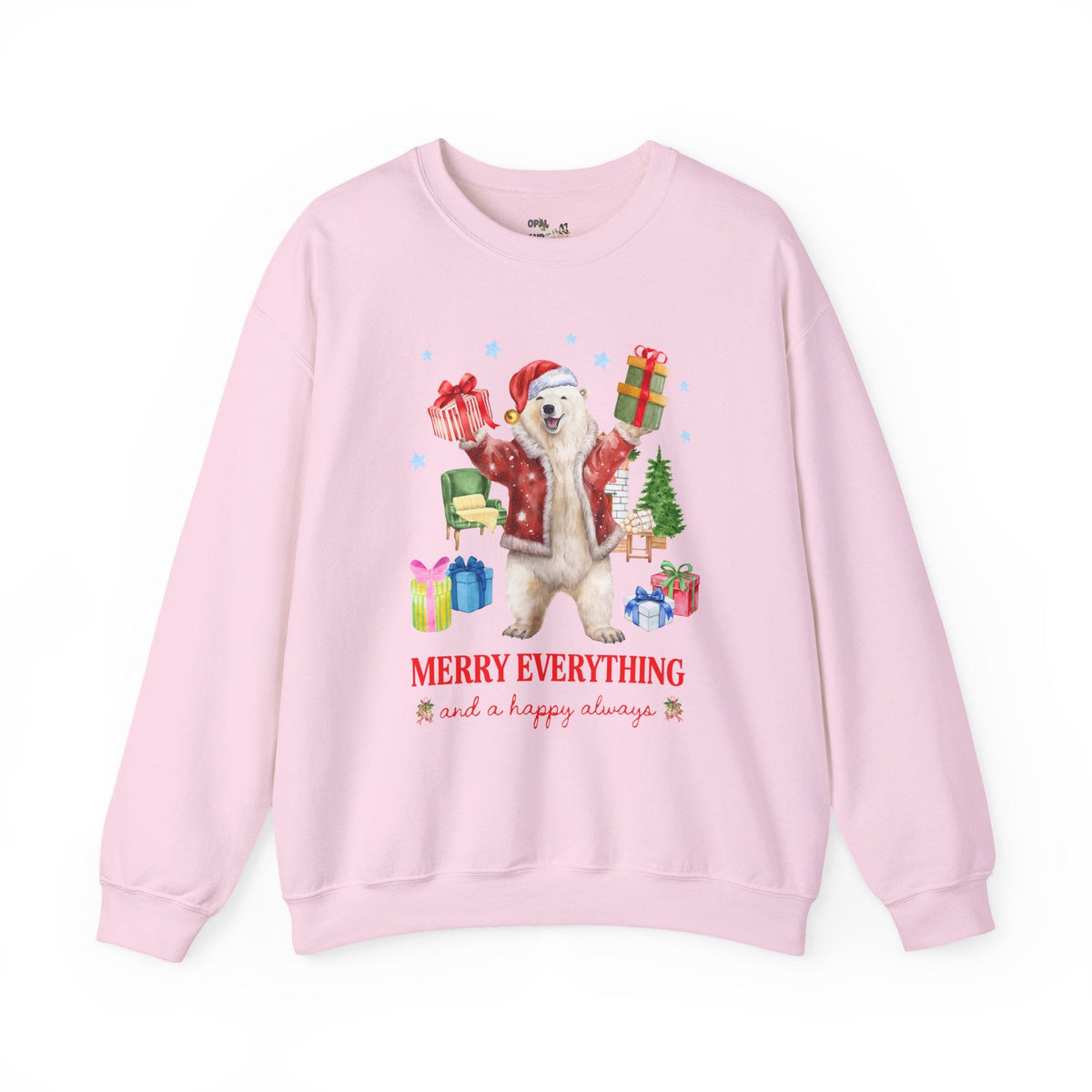 Kitschy Animal Lover Christmas Sweatshirt with Polar Bear Holding Presents: Merry Everything and a Happy Always, Silly Maximalist Xmas Crewneck - Opal and June