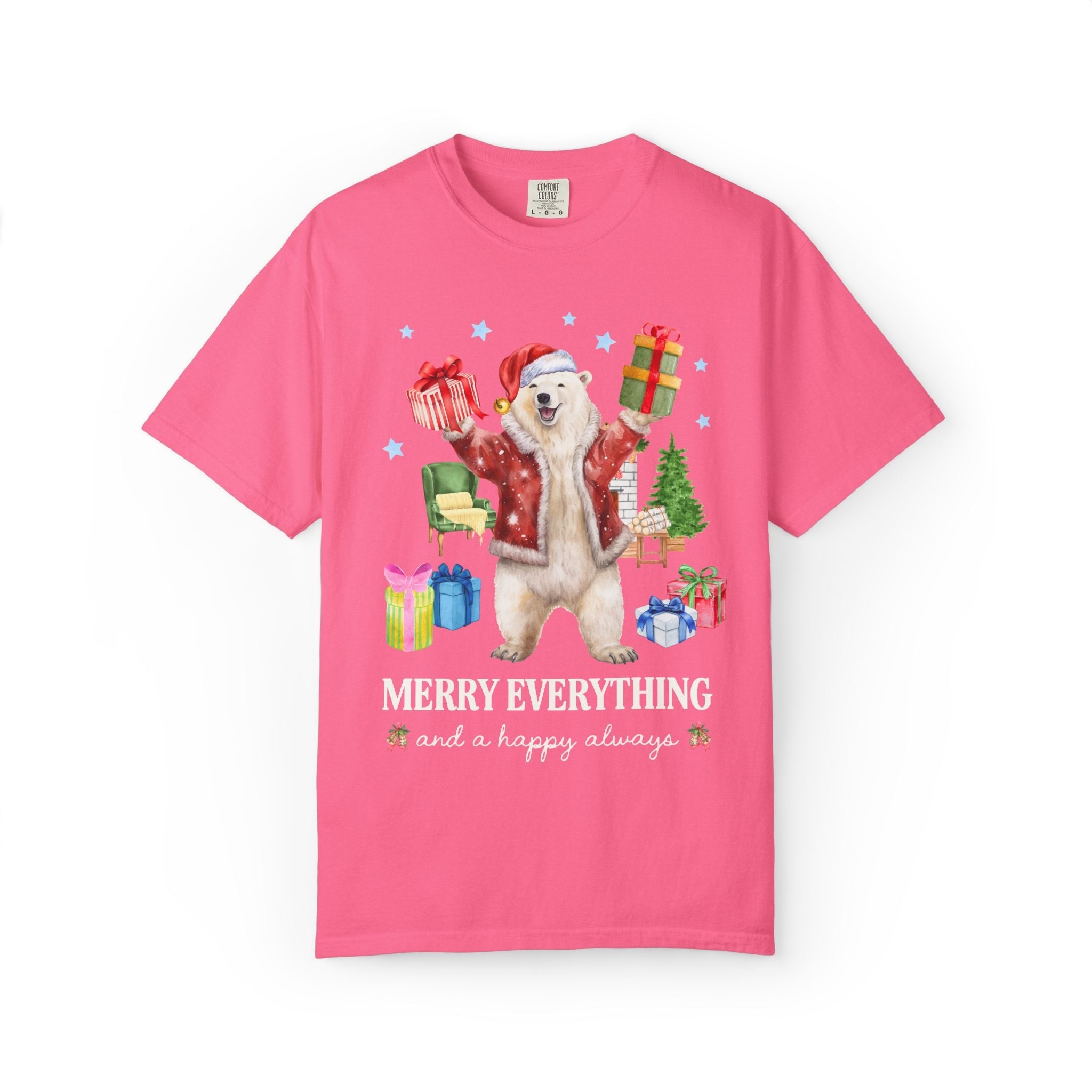 Kitschy Animal Lover Christmas Tee Shirt with Polar Bear Holding Presents: Merry Everything and a Happy Always, Silly Maximalist Xmas Tee - Opal and June