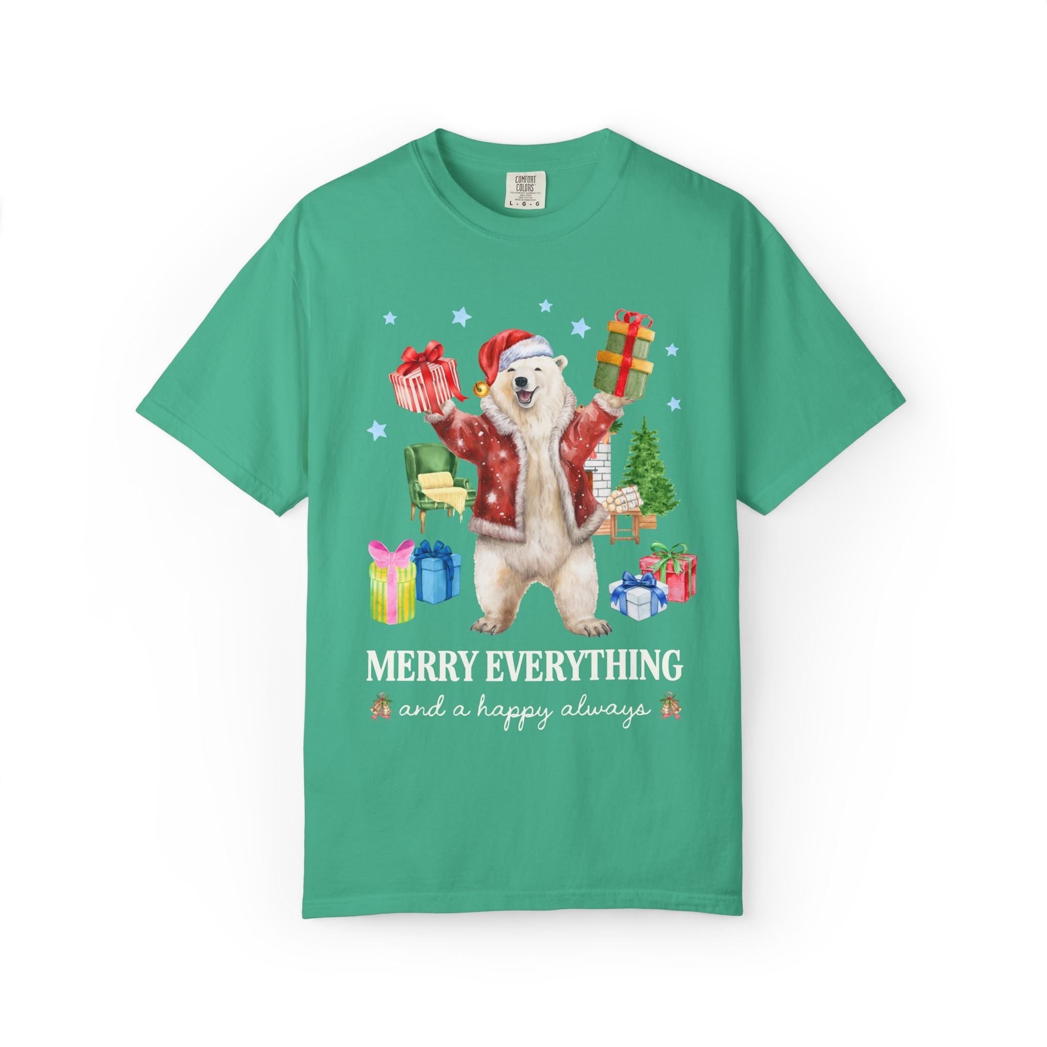 Kitschy Animal Lover Christmas Tee Shirt with Polar Bear Holding Presents: Merry Everything and a Happy Always, Silly Maximalist Xmas Tee - Opal and June