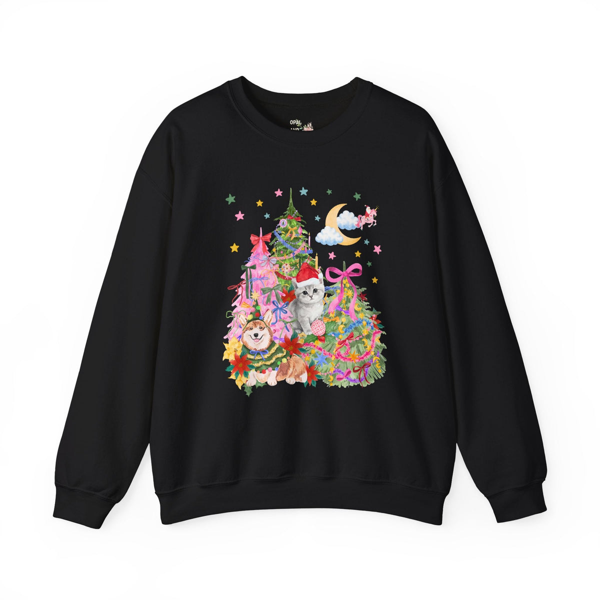 Kitschy Christmas Sweatshirt with with Corgi and Kitten: Funny Nostalgic 90s Aesthetic Xmas Crewneck for Animal Lover, Eclectic Holiday Shirt with Stars - Opal and June