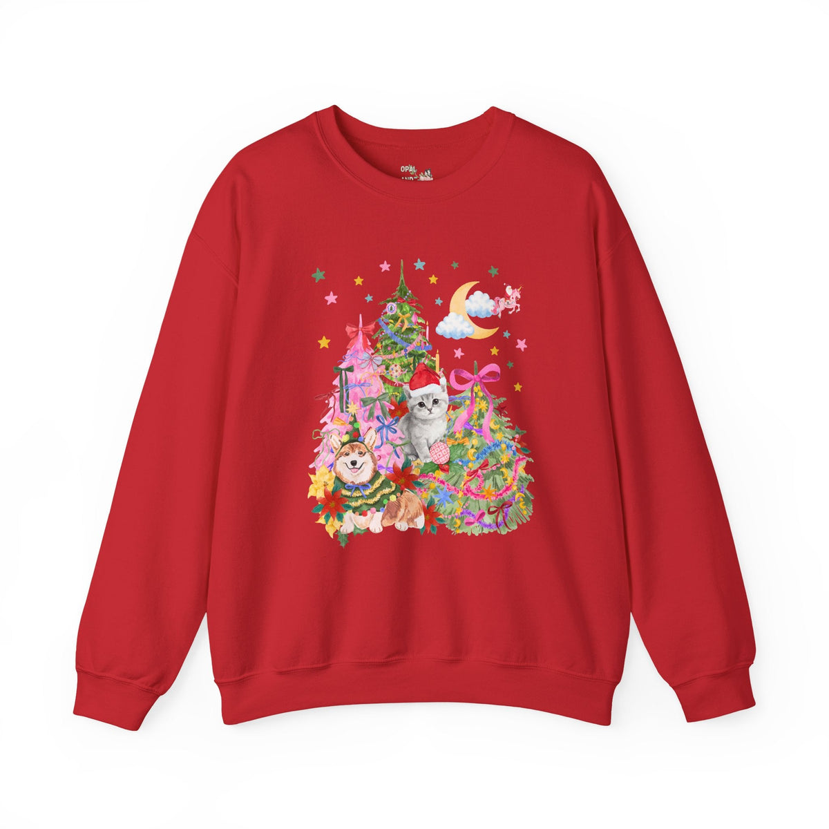 Kitschy Christmas Sweatshirt with with Corgi and Kitten: Funny Nostalgic 90s Aesthetic Xmas Crewneck for Animal Lover, Eclectic Holiday Shirt with Stars - Opal and June