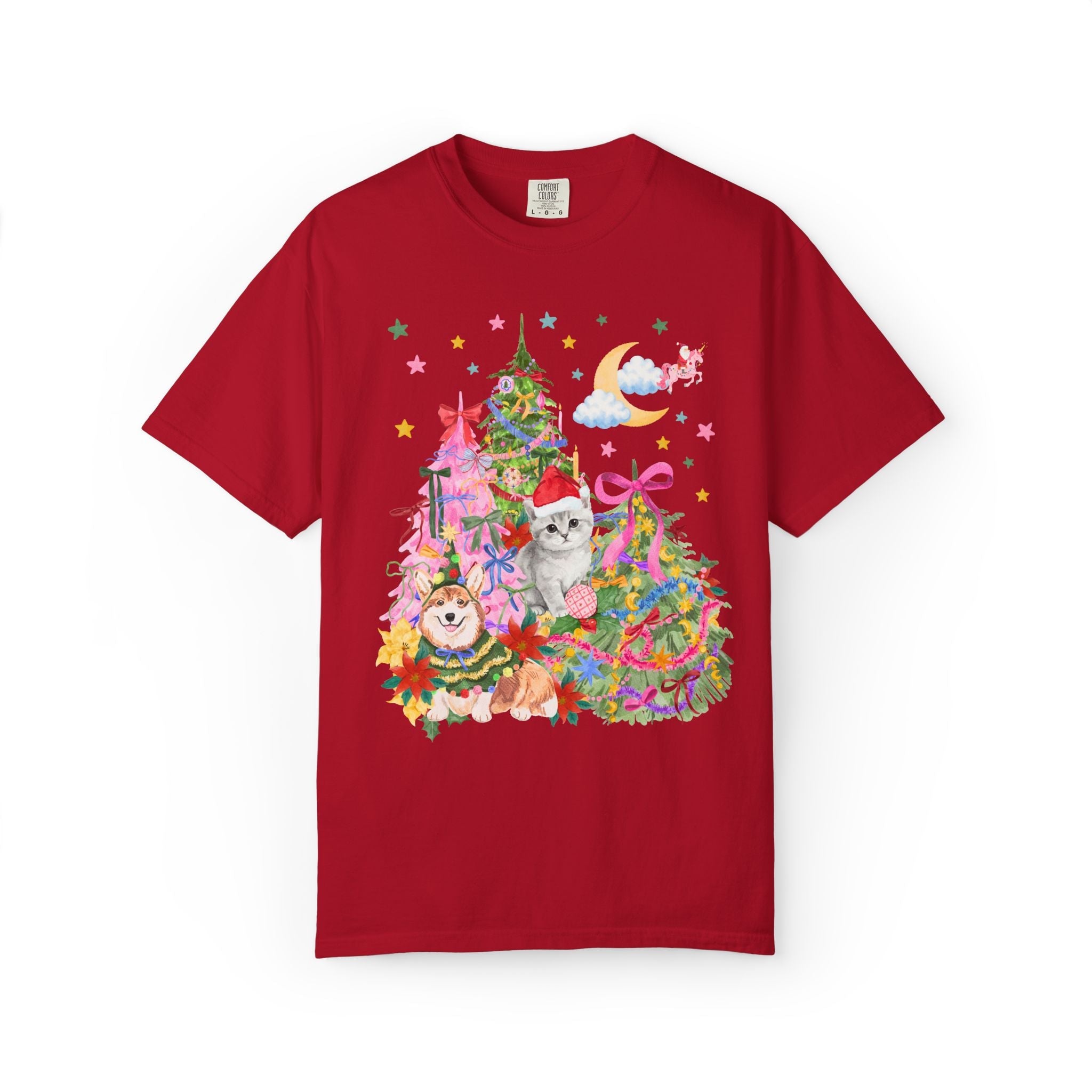 Kitschy Christmas Tee With with Corgi and Kitten: Funny Nostalgic 90s Aesthetic Xmas Tee for Animal Lover, Eclectic Holiday Tee with Stars - Opal and June