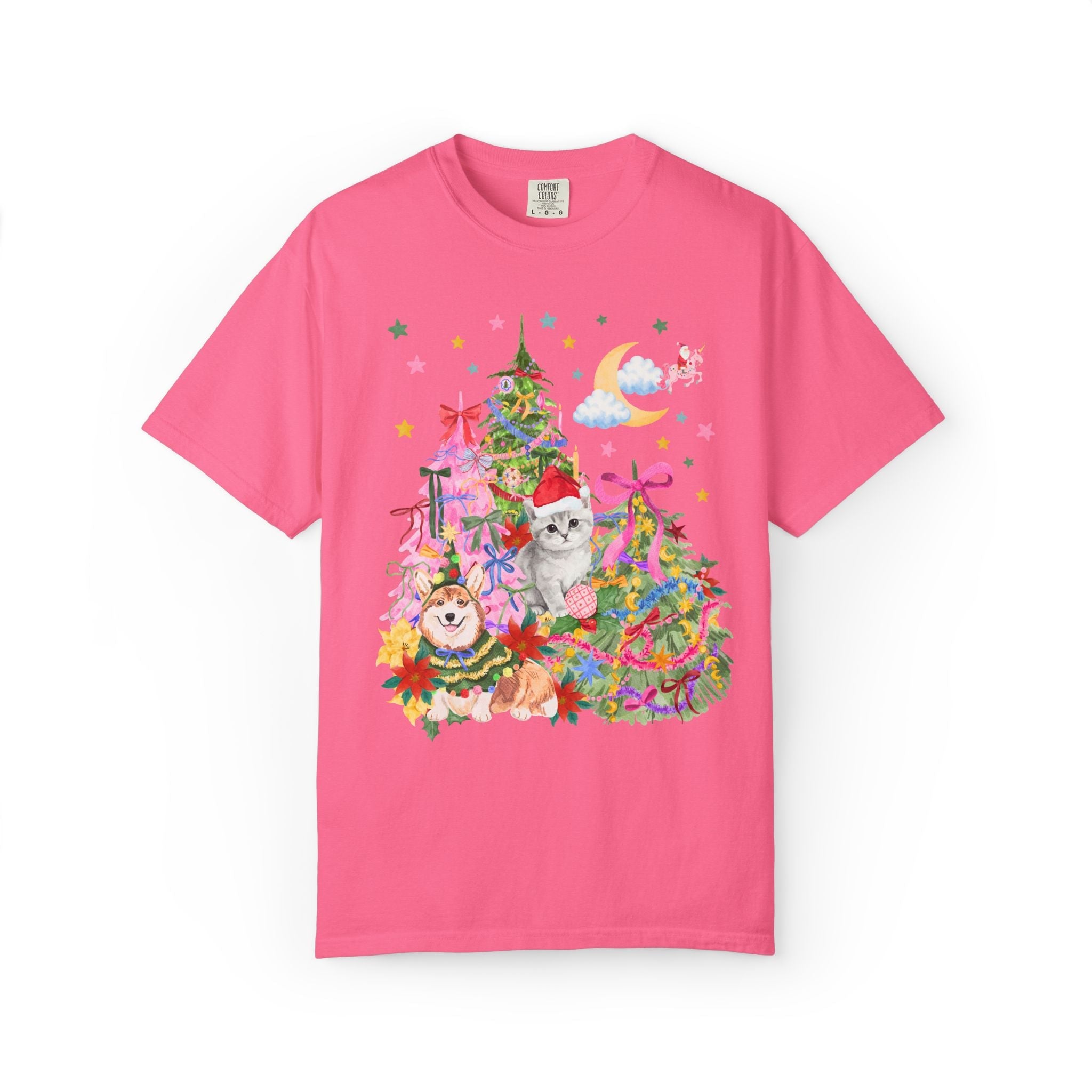 Kitschy Christmas Tee With with Corgi and Kitten: Funny Nostalgic 90s Aesthetic Xmas Tee for Animal Lover, Eclectic Holiday Tee with Stars - Opal and June