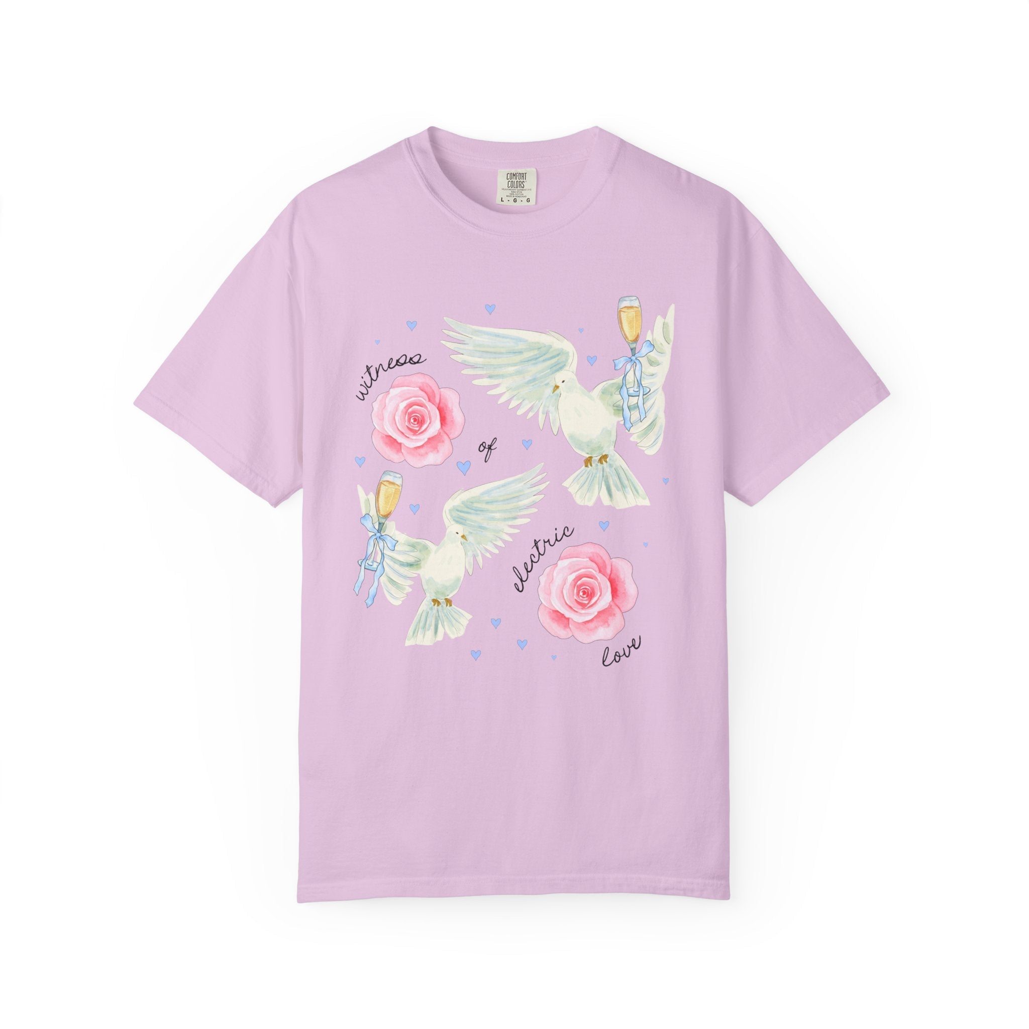 Kitschy Wedding Weekend Tee Shirt for Bachelorette Party, Matching Bride and Bridesmaids T-Shirt with Doves and Flowers: Struck By Love - Opal and June