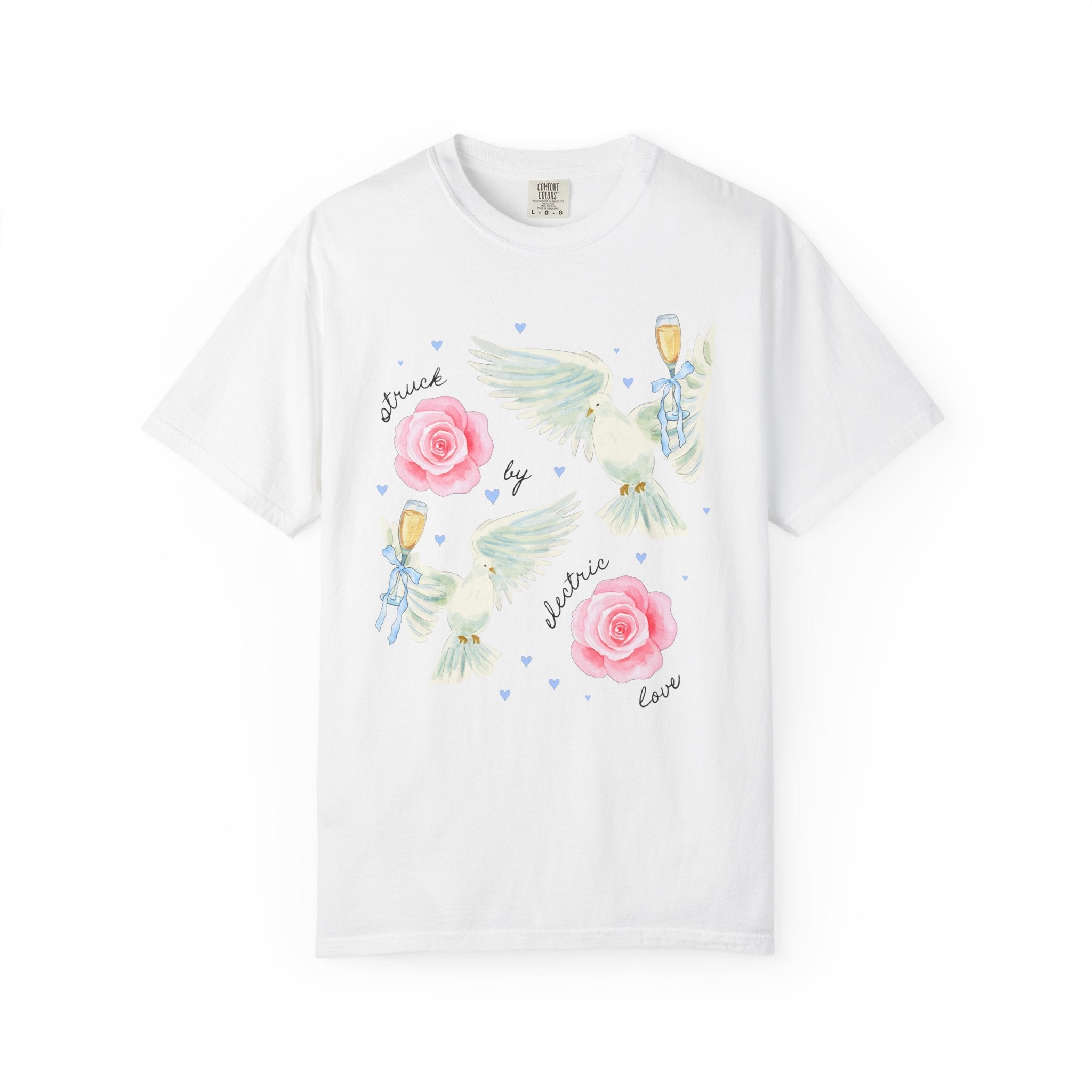 Kitschy Wedding Weekend Tee Shirt for Bachelorette Party, Matching Bride and Bridesmaids T-Shirt with Doves and Flowers: Struck By Love - Opal and June