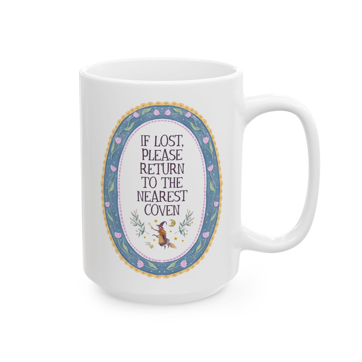 Kitschy Witchy Coffee Mug for Spooky Season or Halloween, Nostalgic Halloween Lover 15 Oz Coffee Mug: If Lost, Please Return to the Nearest Coven Mug - Opal and June