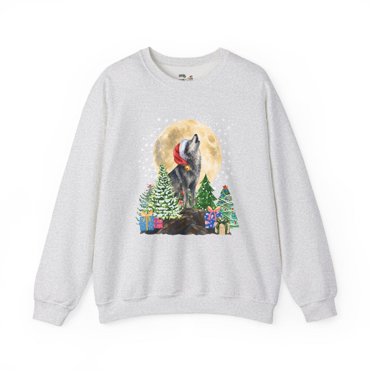 Kitschy Wolf Christmas Sweatshirt for Animal Lover, Maximalist Funny Wolf Sweatshirt of a Wolf Wearing a Santa Hat, Silly Goblincore Holiday Xmas Crewneck - Opal and June
