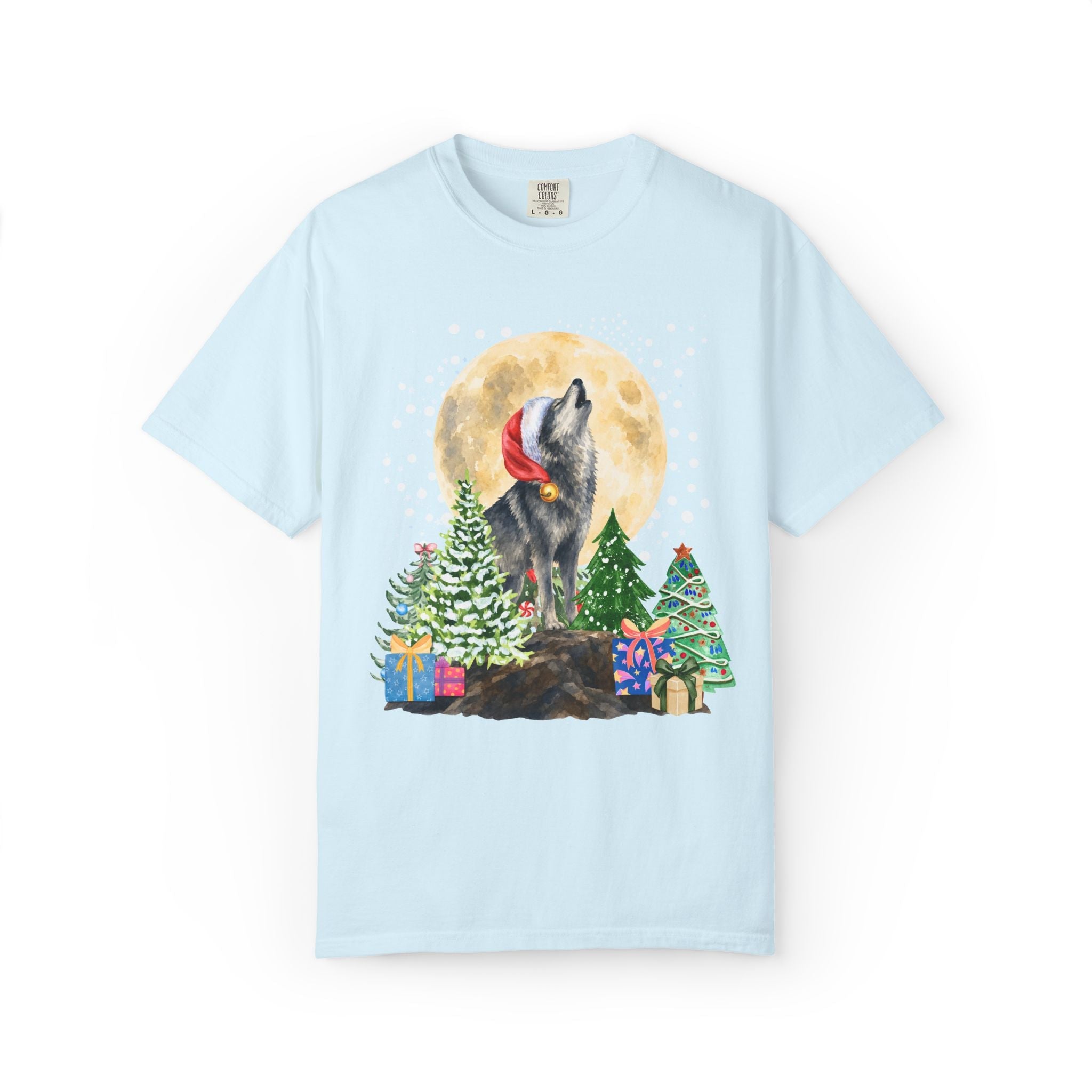 Kitschy Wolf Christmas Tee for Animal Lover, Maximalist Funny Wolf T-Shirt of a Wolf Wearing a Santa Hat, Silly Goblincore Holiday Xmas Tee - Opal and June
