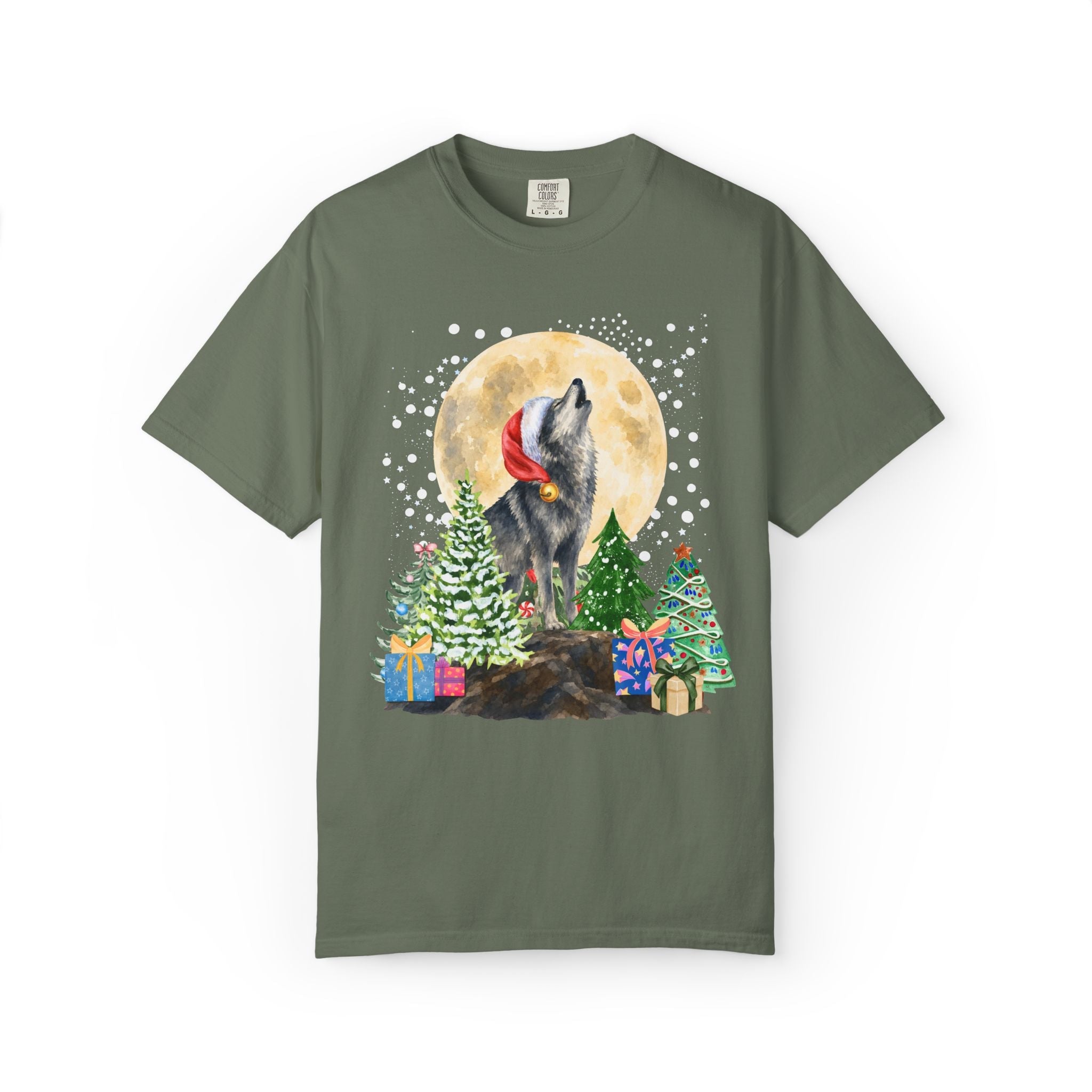 Kitschy Wolf Christmas Tee for Animal Lover, Maximalist Funny Wolf T-Shirt of a Wolf Wearing a Santa Hat, Silly Goblincore Holiday Xmas Tee - Opal and June