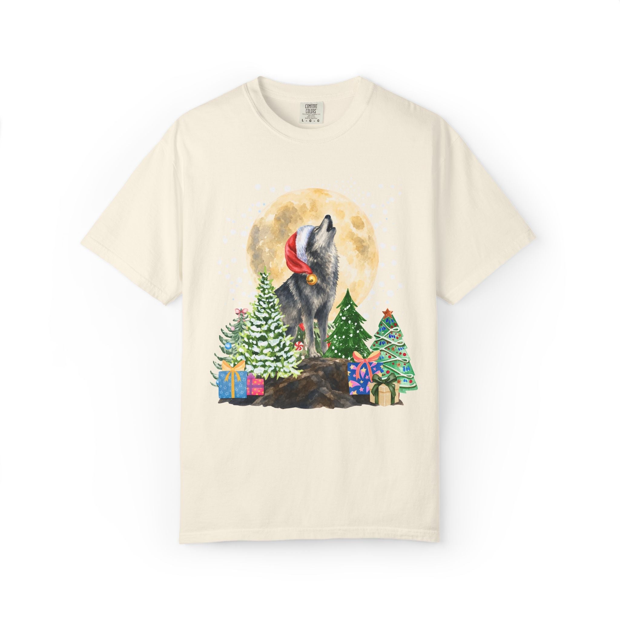 Kitschy Wolf Christmas Tee for Animal Lover, Maximalist Funny Wolf T-Shirt of a Wolf Wearing a Santa Hat, Silly Goblincore Holiday Xmas Tee - Opal and June