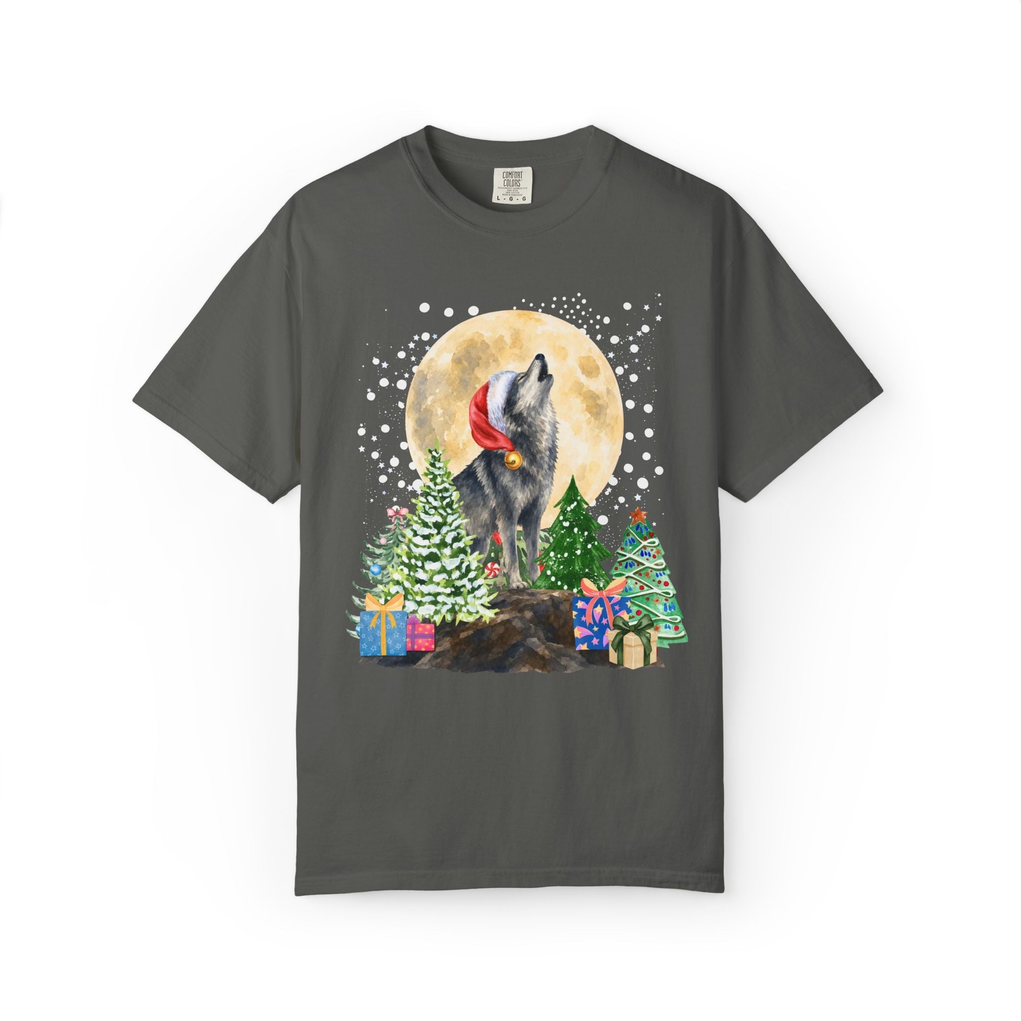 Kitschy Wolf Christmas Tee for Animal Lover, Maximalist Funny Wolf T-Shirt of a Wolf Wearing a Santa Hat, Silly Goblincore Holiday Xmas Tee - Opal and June