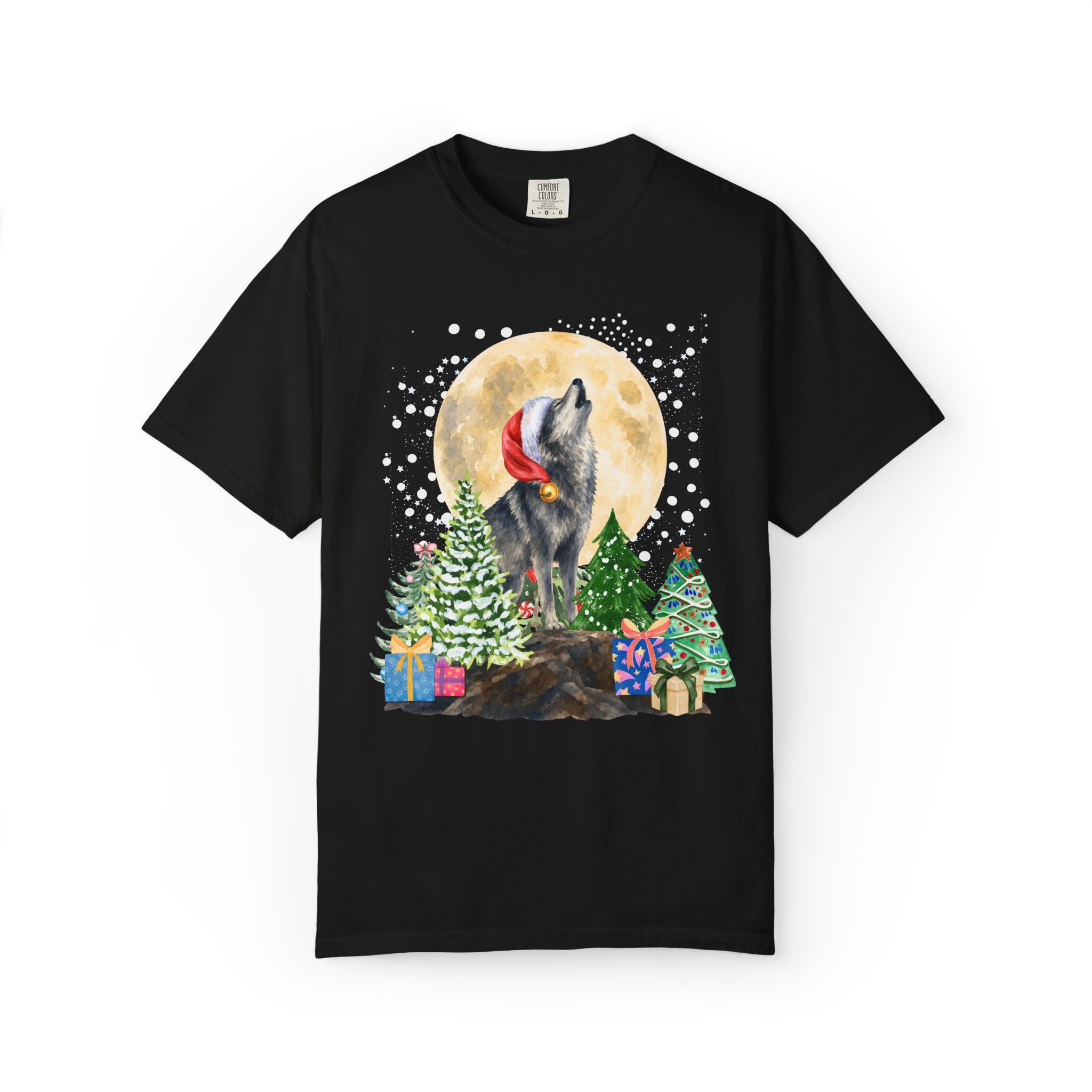 Kitschy Wolf Christmas Tee for Animal Lover, Maximalist Funny Wolf T-Shirt of a Wolf Wearing a Santa Hat, Silly Goblincore Holiday Xmas Tee - Opal and June