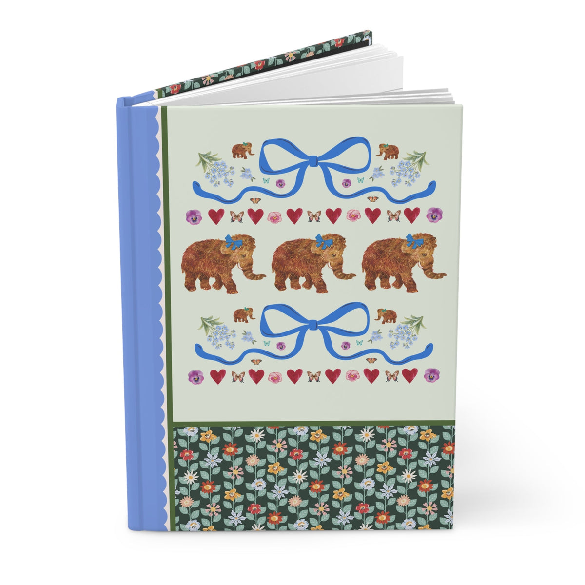 Kitschy Wooly Mammoth Notebook with Hearts and Bows, Cute Paleontologist or Geneticist Notebook, Animal Lover or Evolutionary Scientist Gift - Opal and June