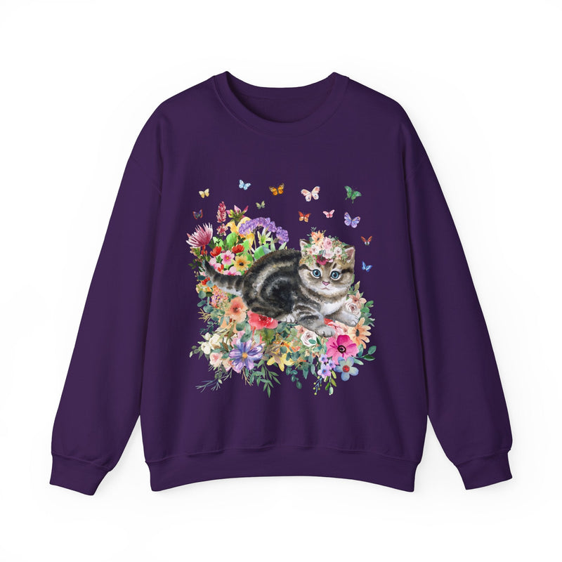 Kitten Sweatshirt: Butterflies and Flower | Cute Cat Gift, Adorable Flower Sweatshirt with Kitten, Gift for Cat Moms, Fun Kitten Gift Idea - Opal and June