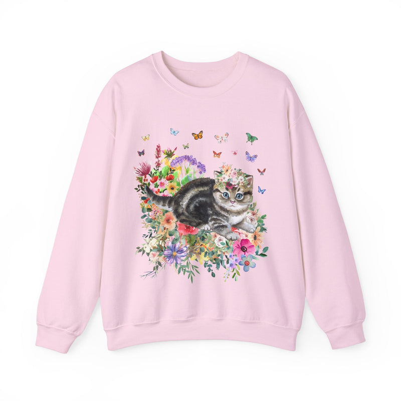 Kitten Sweatshirt: Butterflies and Flower | Cute Cat Gift, Adorable Flower Sweatshirt with Kitten, Gift for Cat Moms, Fun Kitten Gift Idea - Opal and June