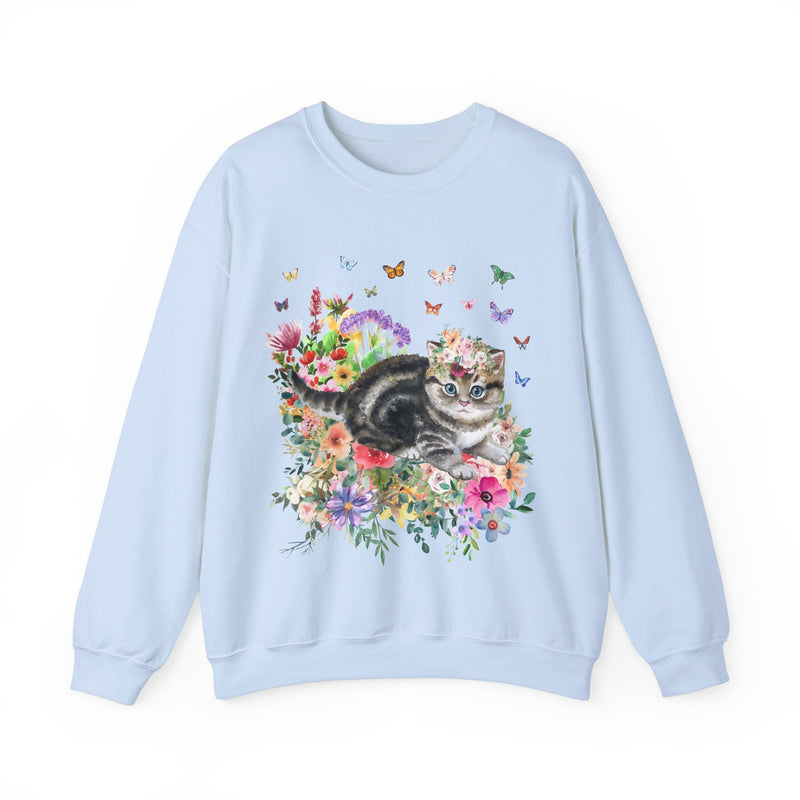 Kitten Sweatshirt: Butterflies and Flower | Cute Cat Gift, Adorable Flower Sweatshirt with Kitten, Gift for Cat Moms, Fun Kitten Gift Idea - Opal and June