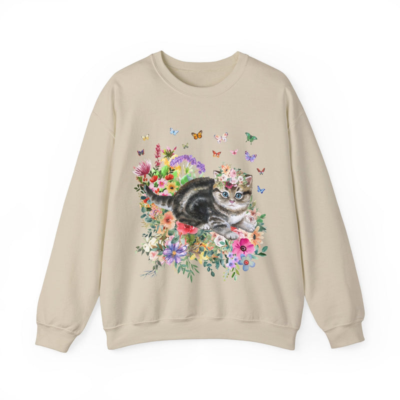 Kitten Sweatshirt: Butterflies and Flower | Cute Cat Gift, Adorable Flower Sweatshirt with Kitten, Gift for Cat Moms, Fun Kitten Gift Idea - Opal and June