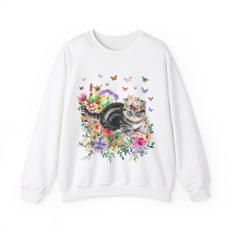 Kitten Sweatshirt: Butterflies and Flower | Cute Cat Gift, Adorable Flower Sweatshirt with Kitten, Gift for Cat Moms, Fun Kitten Gift Idea - Opal and June