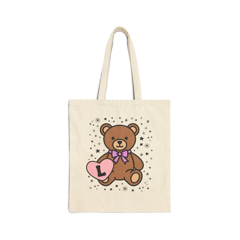 L: Bear Holding a Heart Tote Bag with Initial - Opal and June