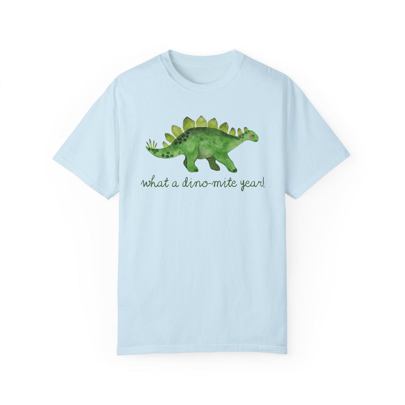 Last Day of School Dinosaur Tee Shirt for Kindergarten Teacher or Science Teacher: What a Dino - Mite Year! Funny Saying Class Dismissed Tee - Opal and June