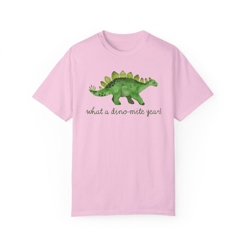 Last Day of School Dinosaur Tee Shirt for Kindergarten Teacher or Science Teacher: What a Dino - Mite Year! Funny Saying Class Dismissed Tee - Opal and June